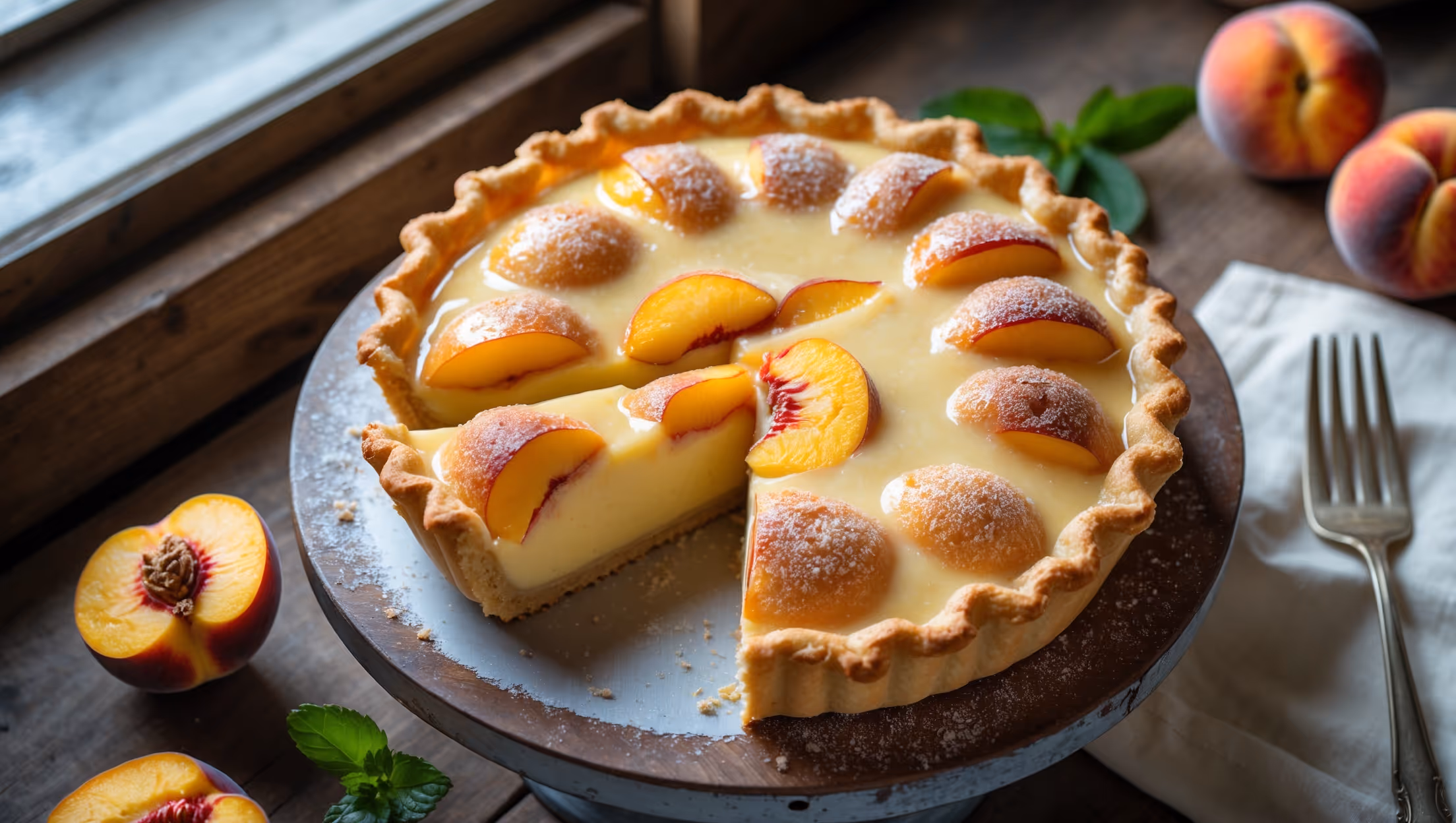 An overhead shot of the golden-brown Peach Custard Pie on a weathered wooden cake stand, with a slice being lifted to reveal the perfect cross-section of creamy custard studded with tender peach slices. Soft natural light streams through a nearby window, highlighting the glistening sugar-dusted top and the rustic crimped edges of the pastry. A few fresh peach slices and mint leaves are artfully scattered alongside, while a vintage dessert fork rests on a cream linen napkin. The warm amber tones of the baked peaches contrast beautifully with the pale yellow custard, set against the backdrop of a farmhouse kitchen table.