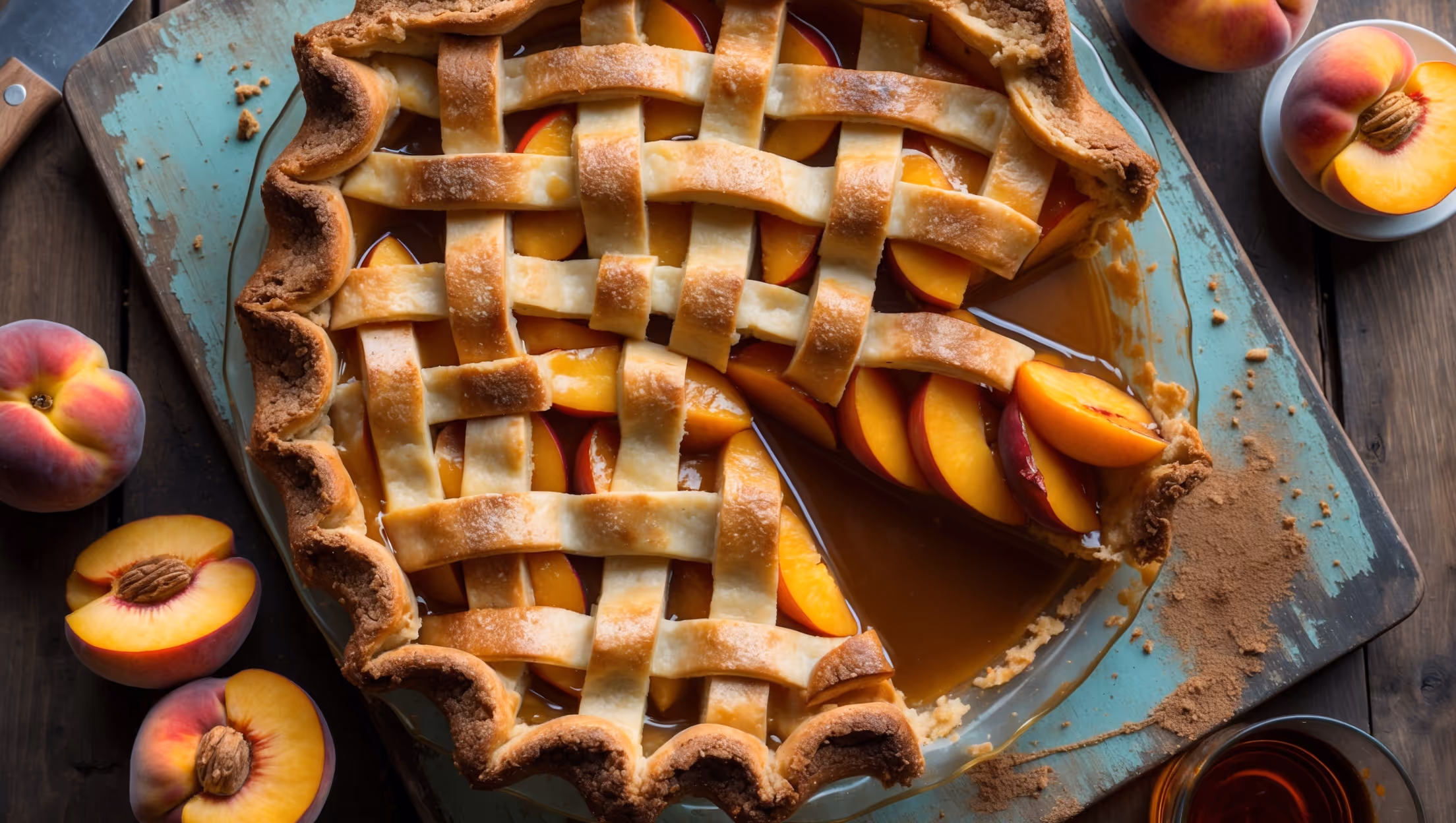 An overhead shot captures this rustic Peach Bourbon Pie with a lattice top crust showing golden-brown, sugar-sprinkled strips against bubbling peach filling oozing slightly at the edges. A slice has been removed, revealing perfectly set layers of bourbon-glazed peach slices nestled in their amber syrup. The pie rests on a weathered wooden board, with scattered fresh peach slices and a small glass of bourbon nearby adding context. Shot in warm natural light, the image highlights the caramelized edges of the pastry and the glistening fruit filling, with a dusting of cinnamon visible across the surface.