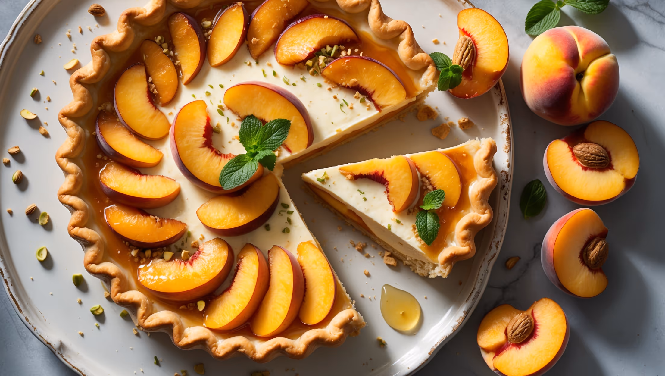 An overhead shot of a golden-brown peach cream pie resting on a vintage white cake stand, with soft natural light highlighting the caramelized sugar sprinkled on top. A slice has been removed, revealing layers of luscious cream and tender peach slices arranged in an elegant pattern. The flaky, perfectly crimped crust shows delicate browning at the edges, while a few fresh peach slices and mint leaves are artfully placed alongside for garnish. Scattered crushed pistachios add a touch of green contrast against the warm orange and cream colors, with a drizzle of honey catching the light as it drips down the side of the cut slice.