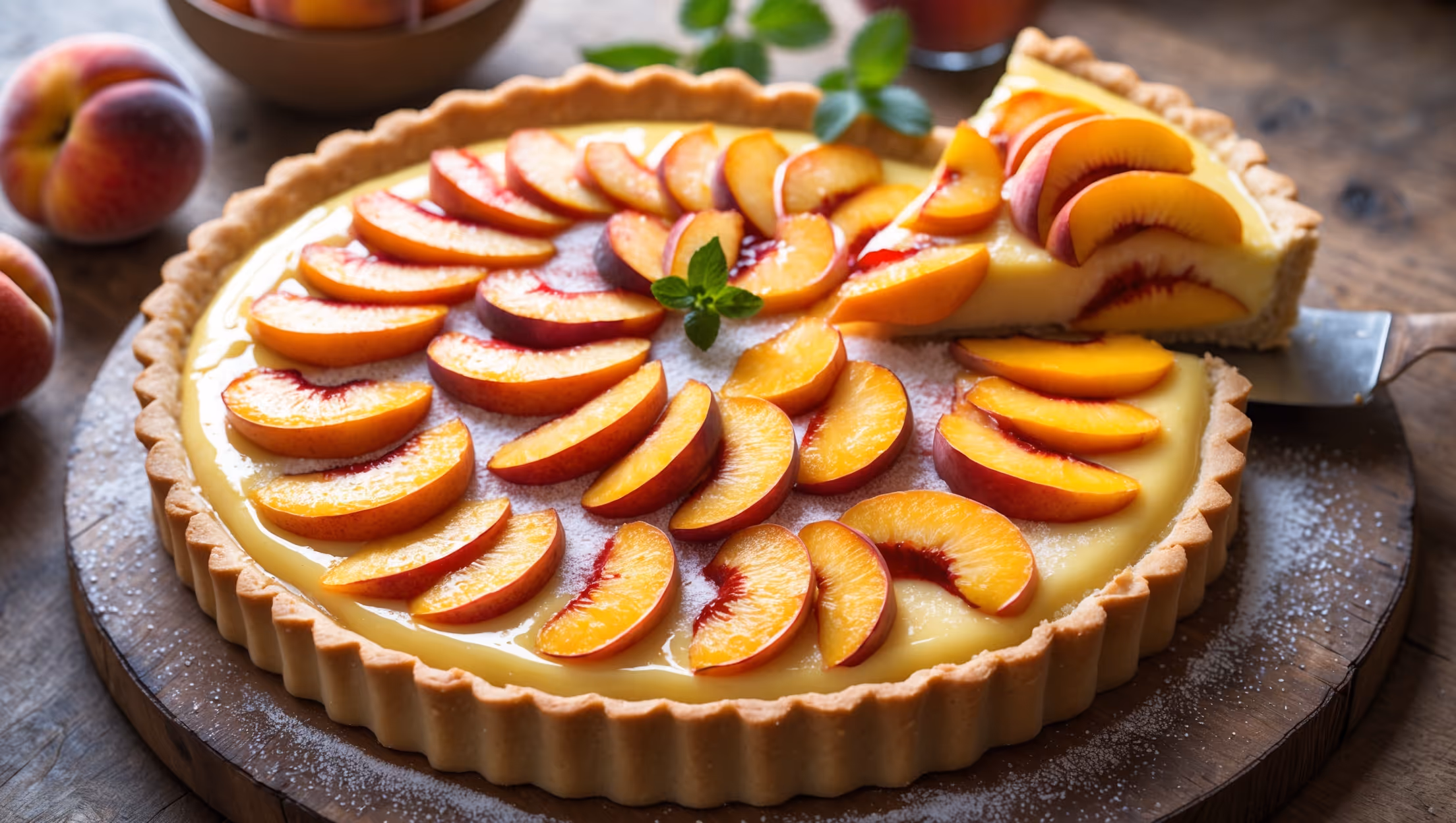 An overhead shot of a golden-brown tart with a perfectly crimped edge, showcasing a luscious yellow custard base adorned with concentric circles of thinly sliced peach segments. Soft natural light catches the glossy finish where the custard has set, while highlighting the caramelized edges of the fruit. The tart sits on a weathered wooden serving board with a sprinkling of powdered sugar creating delicate contrast against the vibrant orange-pink peach slices. In the background, a small bowl of fresh peaches and sprigs of mint add context, while a slice being removed reveals the clean, precise layers of crisp pastry, smooth custard, and tender fruit.
