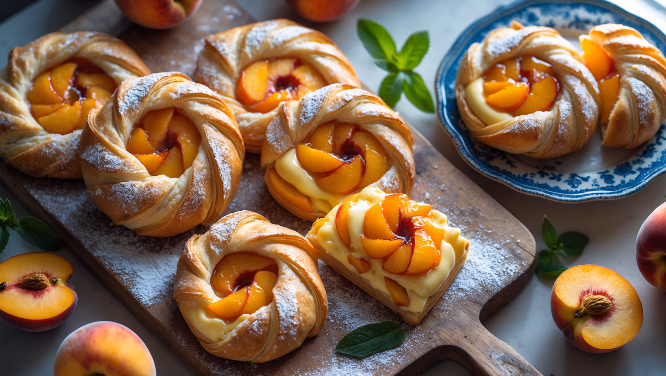 An overhead shot of golden-brown Peach Danishes arranged on a weathered wooden board, their flaky layers catching the soft morning light streaming through a kitchen window. Each Danish showcases a beautiful pattern of caramelized peach slices fanning out atop creamy custard, with a glistening apricot glaze adding a luxurious sheen. The pastries' edges are visibly layered and crisp, contrasting with the tender center. A dusting of powdered sugar creates delicate highlights while fresh peach slices and mint leaves are scattered artfully around the board. A vintage blue ceramic plate holds a single Danish cut in half, revealing the perfect layers of pastry, custard, and fruit.