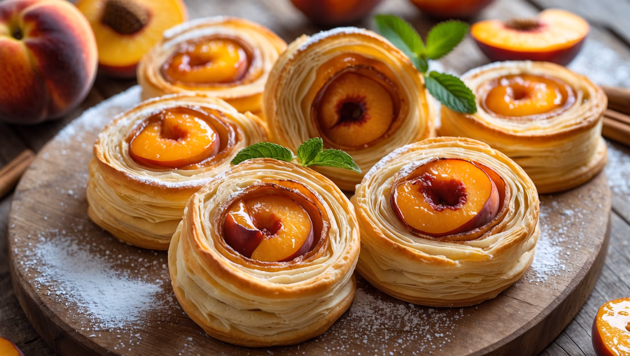 Overhead shot of golden-brown peach pinwheels arranged on a rustic wooden serving board, their spiral patterns showcasing caramelized peach slices nestled within buttery puff pastry. A cross-section view reveals flaky layers and juicy peach filling glistening with apricot glaze. Soft natural light highlights the contrast between the amber-hued peach slices and the crisp, multi-layered pastry. A light dusting of powdered sugar and a few fresh mint leaves add visual interest, while scattered cinnamon sticks and fresh peach slices in the background hint at the recipe's key flavors.
