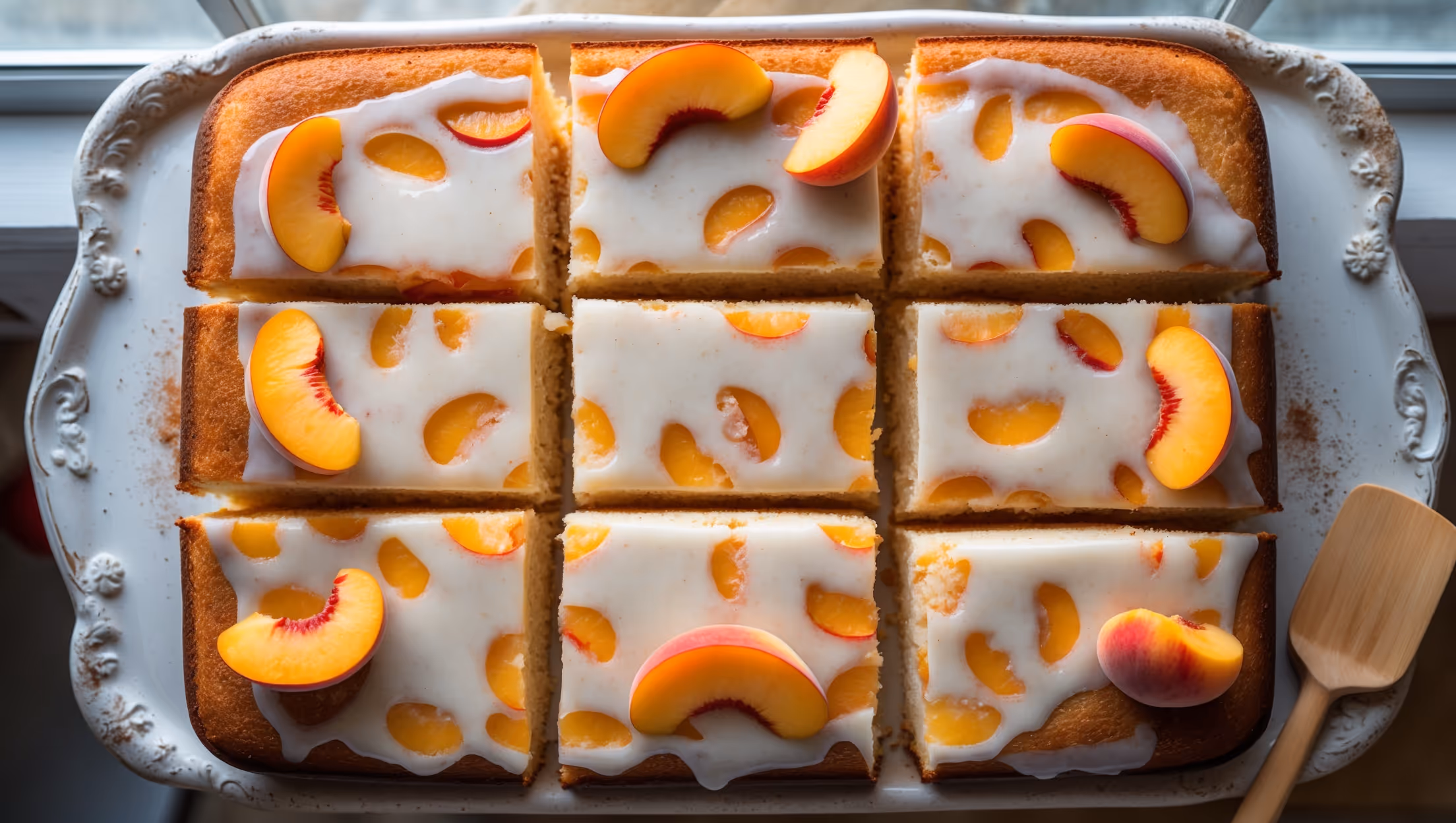 An overhead shot of a golden-brown peach sheet cake resting on a vintage white ceramic platter, with slices neatly cut to reveal the moist, tender crumb studded with vibrant orange-pink peach chunks. The cake glistens under soft natural light filtering through kitchen windows, highlighting the translucent cream cheese glaze that pools slightly at the edges. Several fresh peach slices garnish the corners, while a light dusting of cinnamon creates subtle speckles across the surface. A wooden cake server sits alongside, with a single perfect slice being lifted to show the cake's pillowy texture and fruit-studded interior.