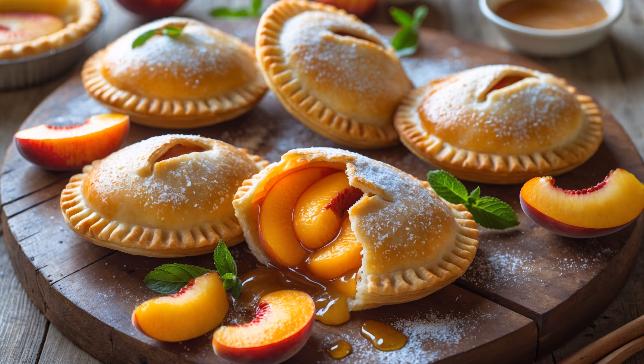 Overhead shot of golden-brown hand pies arranged on a weathered wooden serving board, with one pie broken open to reveal the vibrant orange-yellow peach filling oozing slightly. Soft natural light highlights the sugar-coated, flaky edges and the caramelized peach juices bubbling from the vents. A scattering of fresh peach slices and mint leaves adds brightness, while a dusting of powdered sugar catches the light. In the background, a vintage enamel pie tin and a small bowl of cinnamon sugar suggest homemade comfort, with the scene capturing the rustic charm of these portable summer treats.