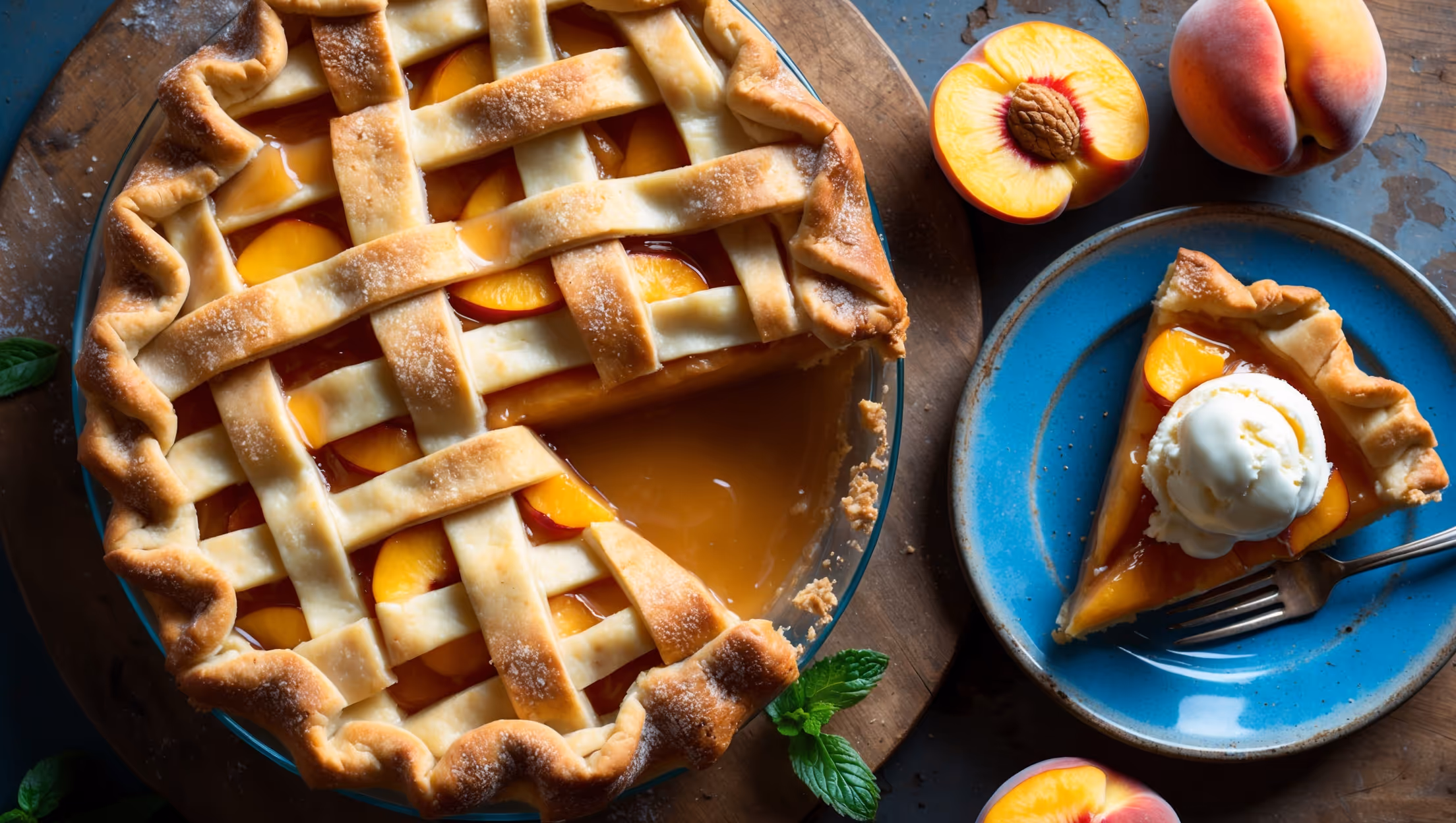 An overhead shot of a golden-brown lattice-topped peach pie, where bubbling fruit juices glisten through the perfectly woven pastry strips. Soft natural light highlights the sugar-dusted crust's flaky layers and caramelized edges. A slice has been removed, revealing the tender, amber-hued peach filling that maintains its shape while still being juicy. The pie rests on a weathered wooden board with fresh peach slices and a sprig of mint scattered nearby. A vintage blue ceramic plate holds the removed slice, showing off the clear definition between the bottom crust and fruit filling, with a small scoop of melting vanilla ice cream creating a beautiful temperature contrast.