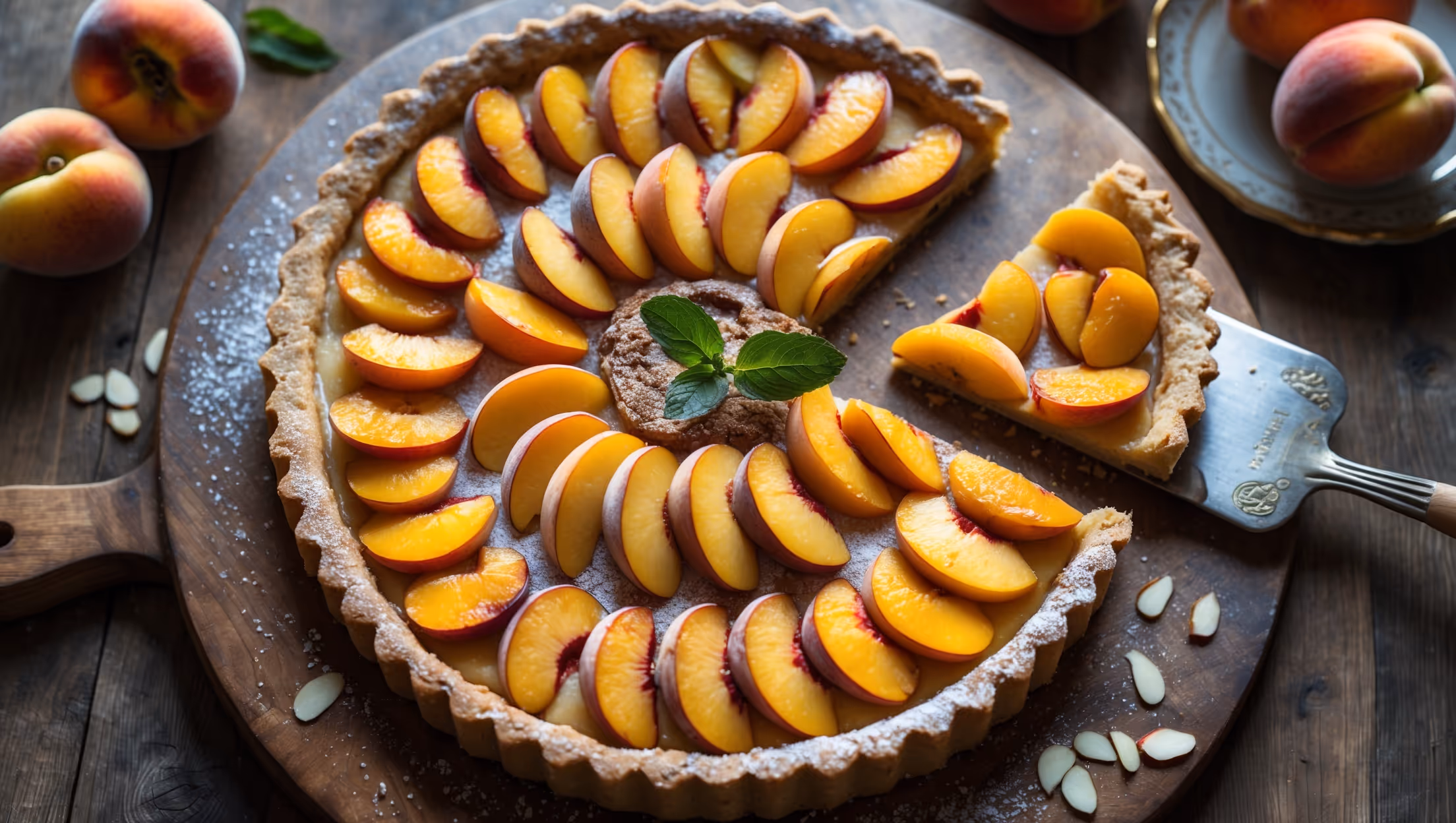 An overhead shot of a rustic peach tart resting on a weathered wooden serving board, showcasing perfectly arranged peach slices in a concentric pattern. Soft natural light streams across the tart, highlighting the golden-brown shortcrust pastry and the caramelized edges of the peach slices. A fine dusting of icing sugar creates beautiful contrast against the amber fruit, while a few fresh mint leaves and scattered sliced almonds add texture. In the background, a vintage cake server rests beside the tart, with a slice being lifted to reveal the perfectly baked bottom crust and juicy peach filling. The warm colors of the peaches are complemented by the earthiness of the wooden board and a small bowl of fresh, uncut peaches nearby.