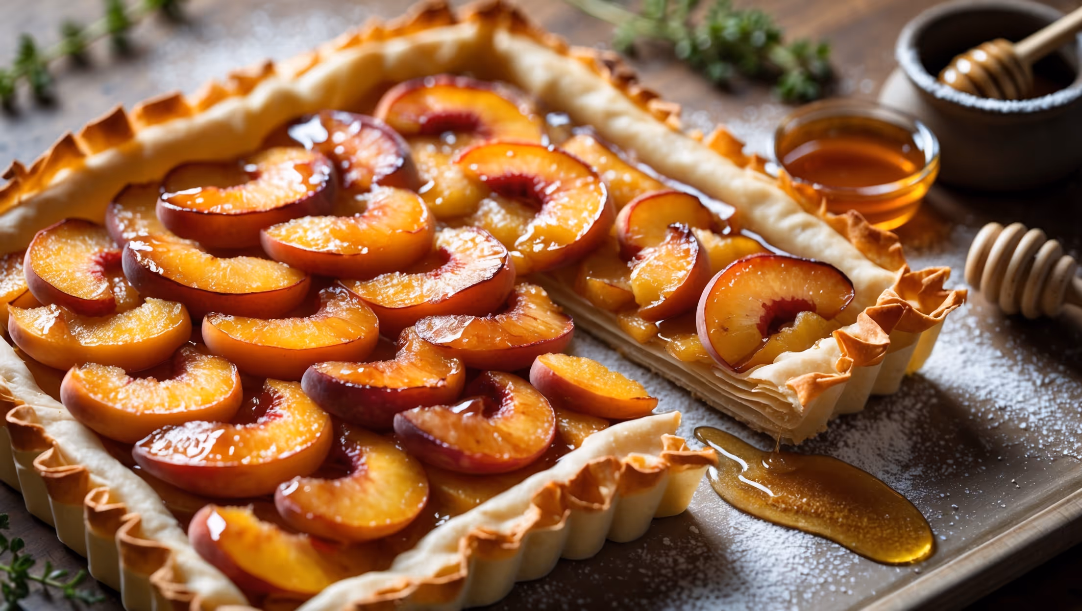 An overhead shot captures this rustic rectangular tart with golden-brown, shatteringly crisp phyllo edges framing concentric rows of caramelized peach slices glistening with honey glaze. The soft natural light highlights the contrast between the flaky, multi-layered pastry base and the amber-hued peaches with their distinct blush tones. A drizzle of honey cascades down the sides, pooling slightly on the vintage ceramic serving platter dusted with powdered sugar. In the background, a small pot of honey with a wooden dipper and scattered fresh thyme sprigs add context, while a slice being lifted reveals the delicate layers of the pastry beneath the tender fruit.