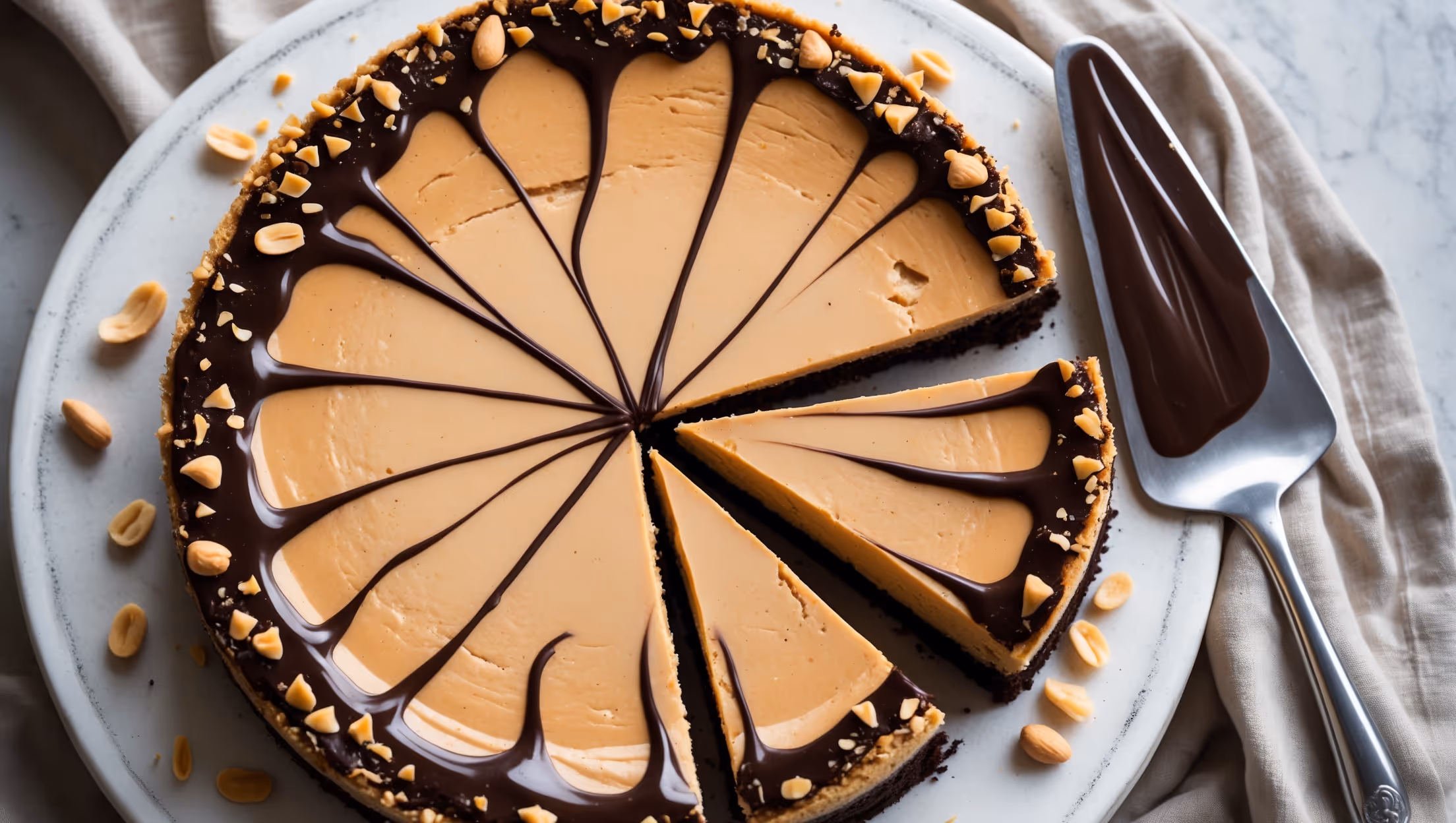 An overhead shot of a perfectly sliced peanut butter cheesecake, revealing its creamy golden-brown interior atop a chocolate cookie crust. Soft natural light highlights the silky texture and swirls of melted peanut butter throughout. The surface features an artful drizzle of dark chocolate ganache that cascades down the sides, with crushed peanuts scattered around the edge for textural contrast. Placed on a white ceramic cake stand against a neutral linen backdrop, a silver cake server rests nearby, ready to cut into this indulgent dessert. The warm caramel tones of the peanut butter filling create a beautiful contrast with the dark chocolate elements.