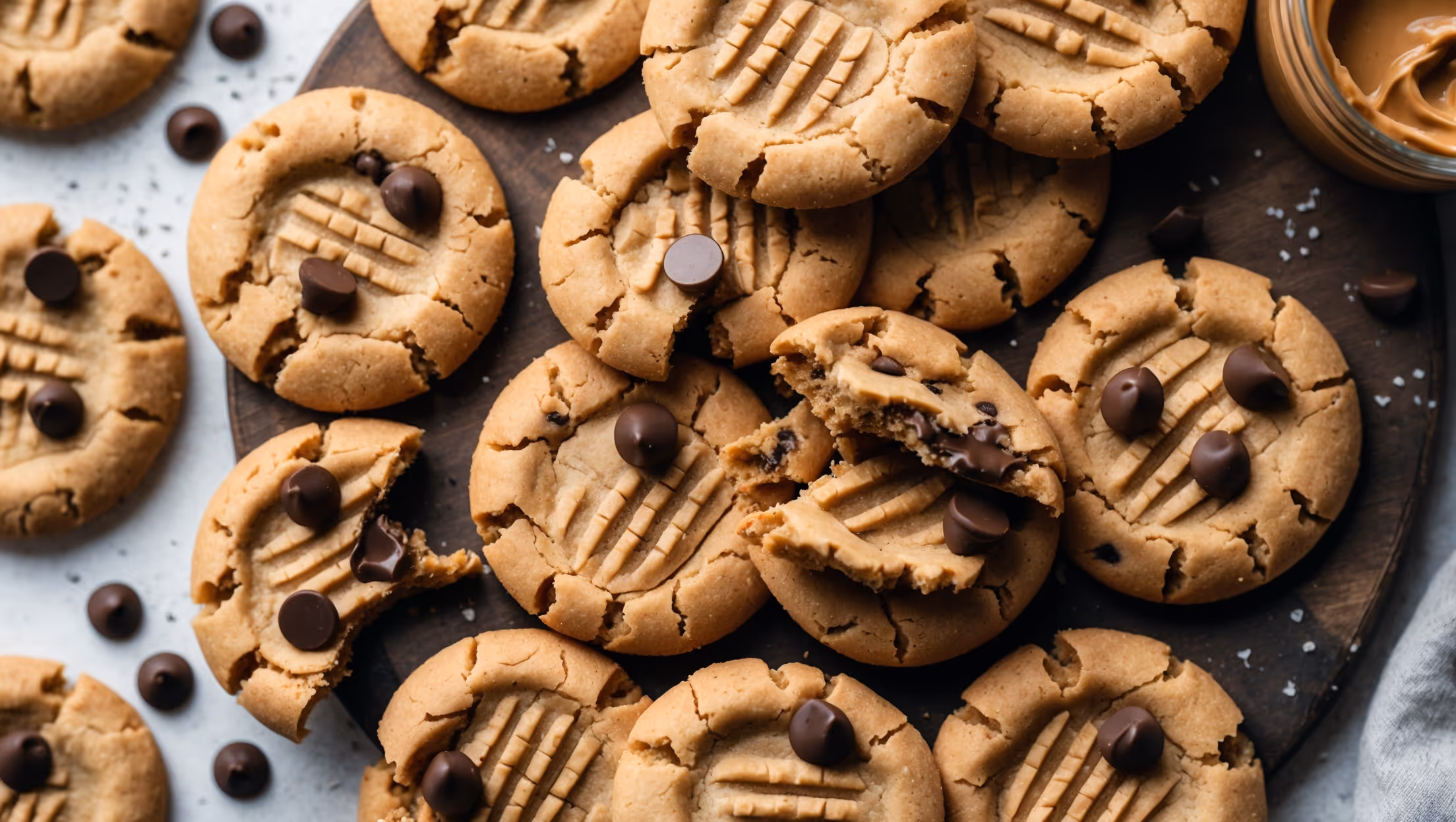 An overhead shot of perfectly golden-brown peanut butter chocolate chip cookies arranged in a casual pile on a rustic wooden board, with a few cookies broken in half to reveal their chewy centers studded with melting chocolate chips. Soft natural light highlights the crinkled tops and sugar crystals sparkling on the surface, while the warm amber tones of the cookies contrast beautifully with scattered chocolate chips and a small jar of peanut butter in the background. The cookies have distinctive fork-press marks on top, showing their homemade character, with some still slightly warm as evidenced by the glistening chocolate chips that haven't fully set.