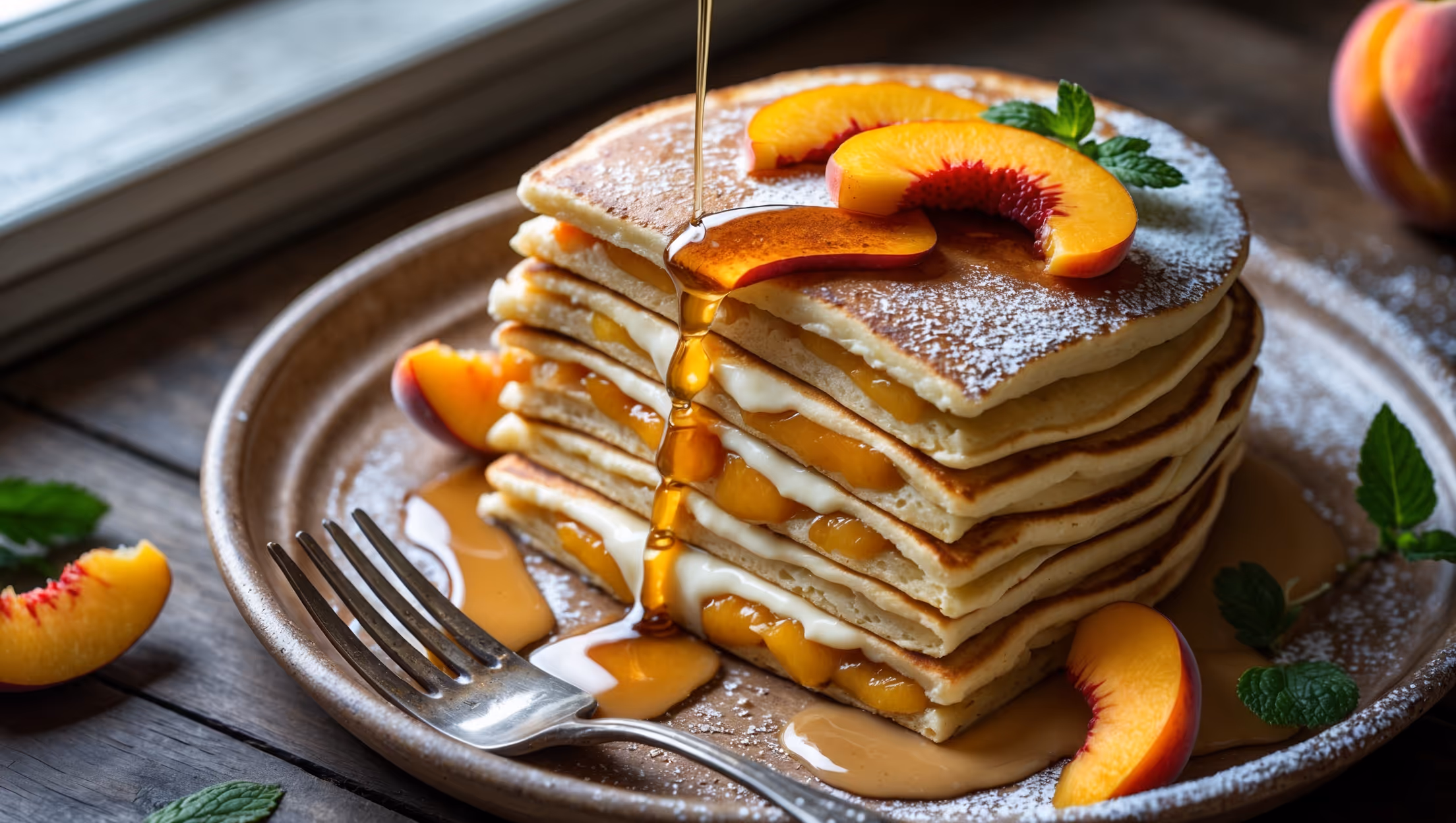 An overhead shot captures a stack of three golden-brown pancakes on a rustic ceramic plate, with the creamy peach filling oozing enticingly from between each layer. A cross-section view reveals the distinct layers of fluffy pancake and vibrant orange-pink peach compote swirled with cream cheese filling. Soft natural morning light streams through a nearby window, highlighting the glistening maple syrup drizzled over the top and the small pool forming around the base. Fresh peach slices and a light dusting of powdered sugar decorate the top, while scattered peach pieces and mint leaves provide color contrast against the white plate. A vintage fork rests alongside, ready to dive into this indulgent breakfast creation.
