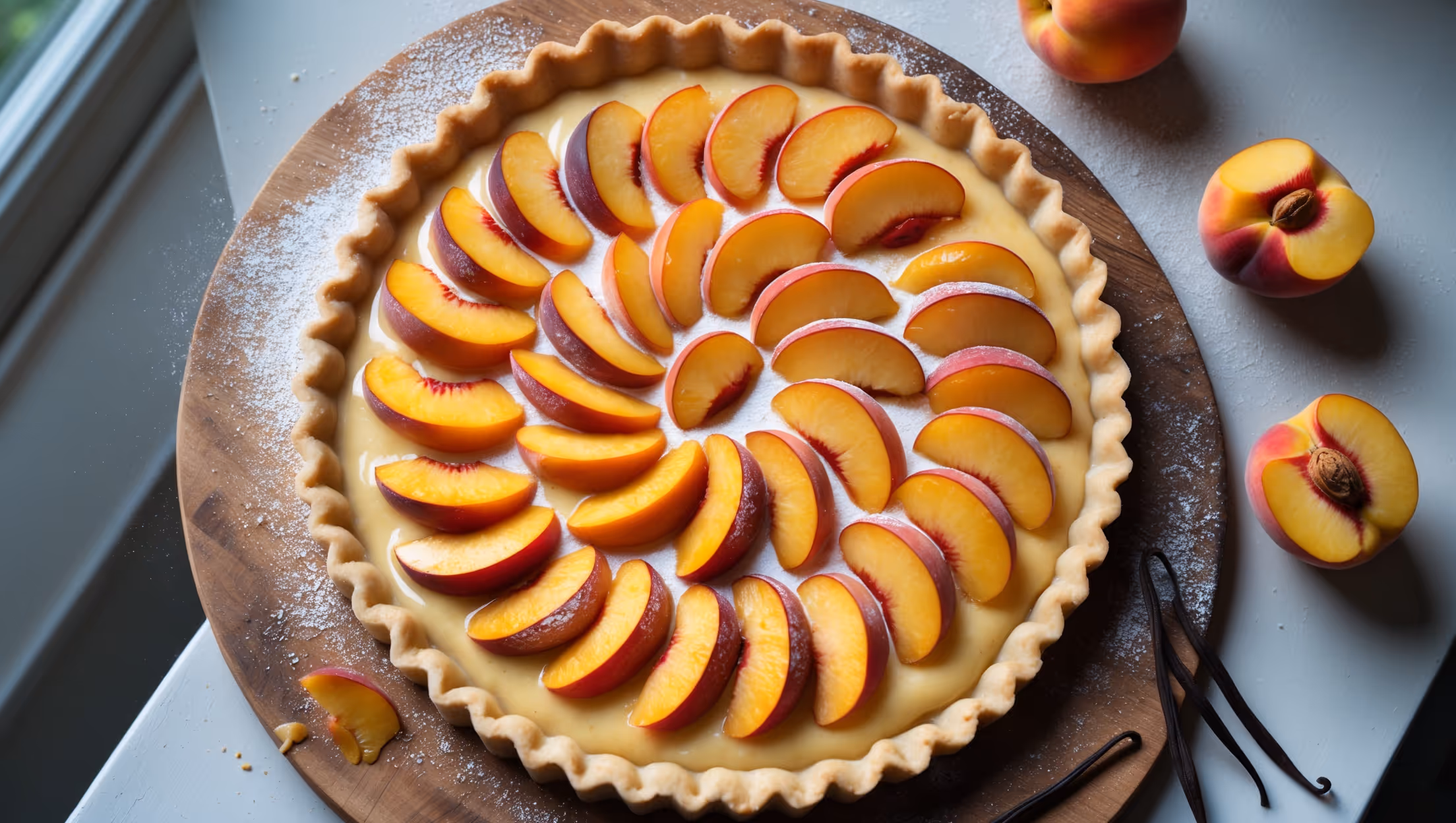 An overhead shot of a golden-brown tart with perfectly arranged slices of peach forming a beautiful spiral pattern atop a creamy vanilla-flecked custard. The shortcrust pastry edge is evenly crimped and baked to a warm amber hue. Captured in soft natural light streaming through a kitchen window, the tart sits on a weathered wooden board with a few fresh peach slices and vanilla pods scattered artfully around. A light dusting of powdered sugar catches the light, highlighting the caramelized edges of the peach slices and the glistening apricot glaze that gives the tart a professional finish.