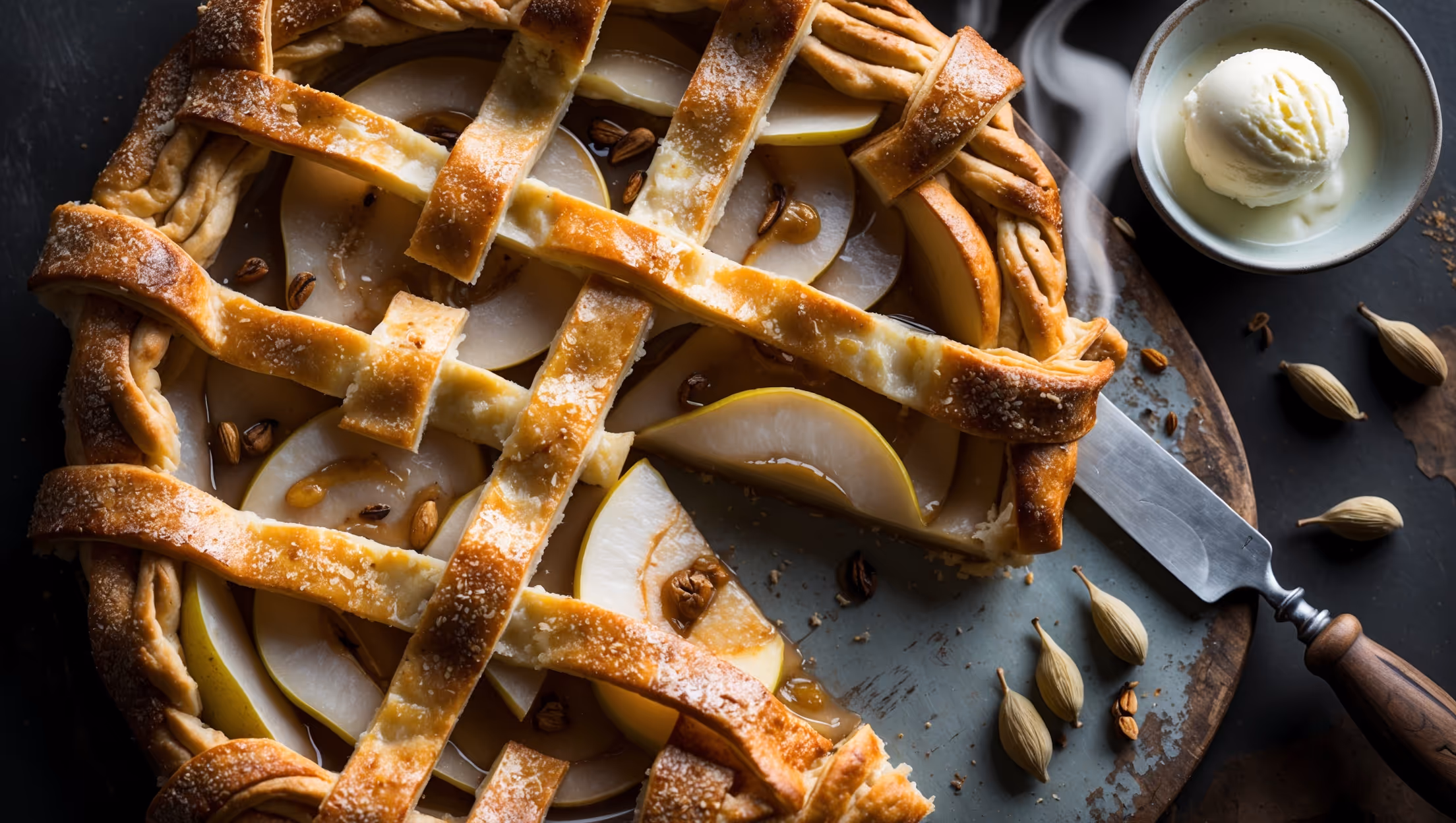 An overhead shot of a golden-brown lattice-topped pear cardamom pie, with bubbling caramelized juices escaping through the woven pastry. Soft natural light highlights the sugar-crusted lattice strips and visible pear slices beneath. A cross-section slice reveals perfectly layered pears infused with specks of cardamom, surrounded by a distinctly flaky, buttery crust. The pie rests on a weathered wooden board with a vintage serving knife, scattered whole cardamom pods, and a small bowl of vanilla bean ice cream melting alongside. Steam wisps rise from the freshly cut slice, emphasizing the warm, aromatic nature of this seasonal dessert.