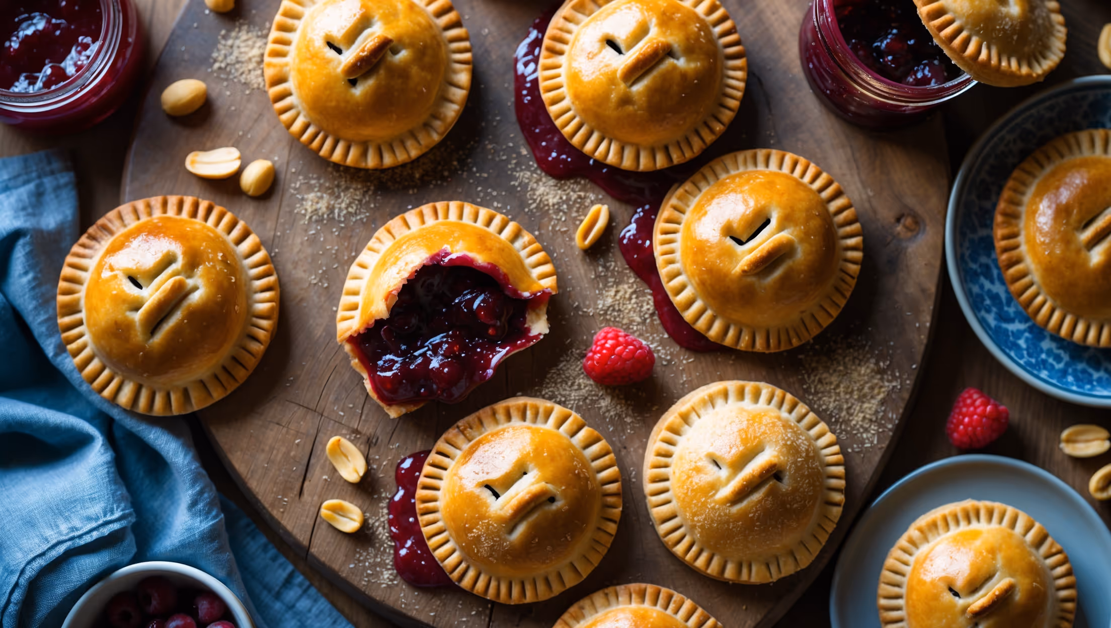 An overhead shot of golden-brown hand pies arranged on a rustic wooden board, with a few broken open to reveal the luscious peanut butter and vibrant berry jam filling oozing slightly at the edges. Captured in soft natural light, the scene includes scattered fresh berries, a jar of homemade jam with the lid off, and a small bowl of crushed peanuts. The crimped edges of each hand pie exhibit a perfect caramelization, while a light dusting of sanding sugar adds sparkle to their surfaces. A vintage blue linen napkin adds contrast to the warm golden pastry and rich purple-red jam, with a few hand pies placed on small plates ready for serving.
