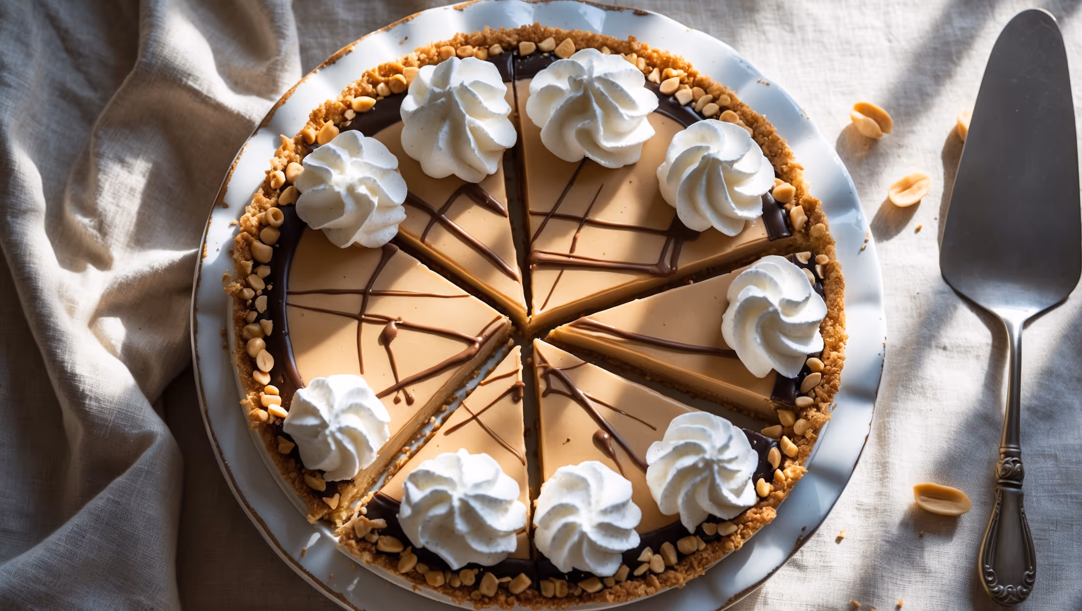 An overhead shot of a perfectly sliced peanut butter cream pie revealing its luscious layers – the golden graham cracker crust, creamy peanut butter filling, and billowing whipped cream topping. Natural window light highlights the smooth texture of the filling while casting gentle shadows that accentuate the pie's depth. Chocolate drizzle creates artistic patterns across the surface, with crushed peanuts scattered along the edges adding visual texture. The pie rests on a vintage white ceramic cake stand against a neutral linen backdrop, with a silver pie server positioned nearby ready to serve another slice.