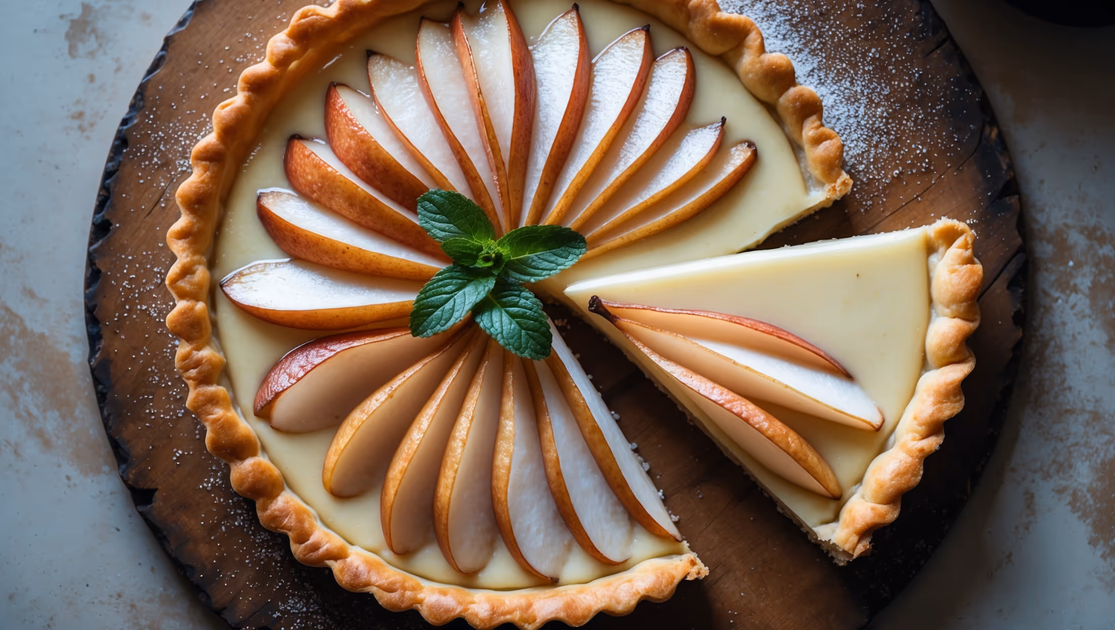 An overhead shot of the Pear Custard Tart showcases its golden-brown shortcrust pastry filled with a glistening vanilla-flecked custard surrounding perfectly arranged fan-shaped pear slices. Bathed in soft natural light, the tart rests on a weathered wooden serving board garnished with fresh mint leaves and a light dusting of powdered sugar. The close-up reveals the delicate caramelization on the pear edges, the custard's silky smooth surface, and the perfectly crisp pastry edge. A slice being removed reveals the contrast between the creamy pale yellow custard and the jewel-toned poached pears nestled within.