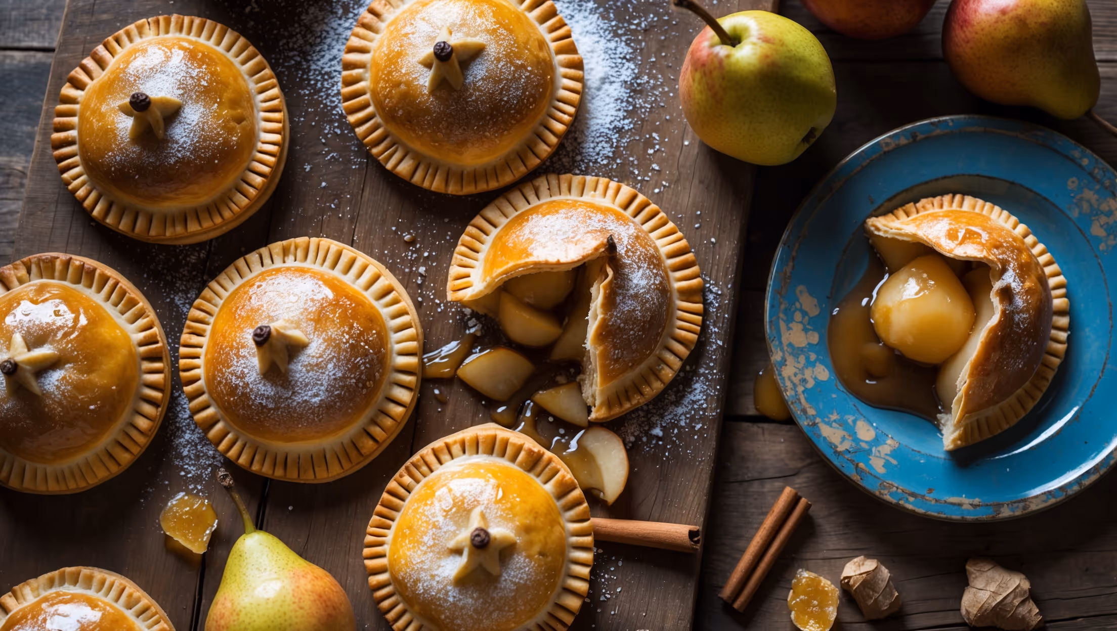 An overhead shot of golden-brown hand pies arranged on a rustic wooden board, with one broken open to reveal the glistening pear-ginger filling. The natural light highlights the sugar-dusted, flaky pastry layers and caramelized filling edges. A vintage blue plate holds several more hand pies beside scattered whole pears, crystallized ginger pieces, and cinnamon sticks. A light dusting of powdered sugar creates contrast against the amber-hued filling oozing slightly from the center cut pie, while droplets of pear juice caramelize around the edges where they've escaped during baking.