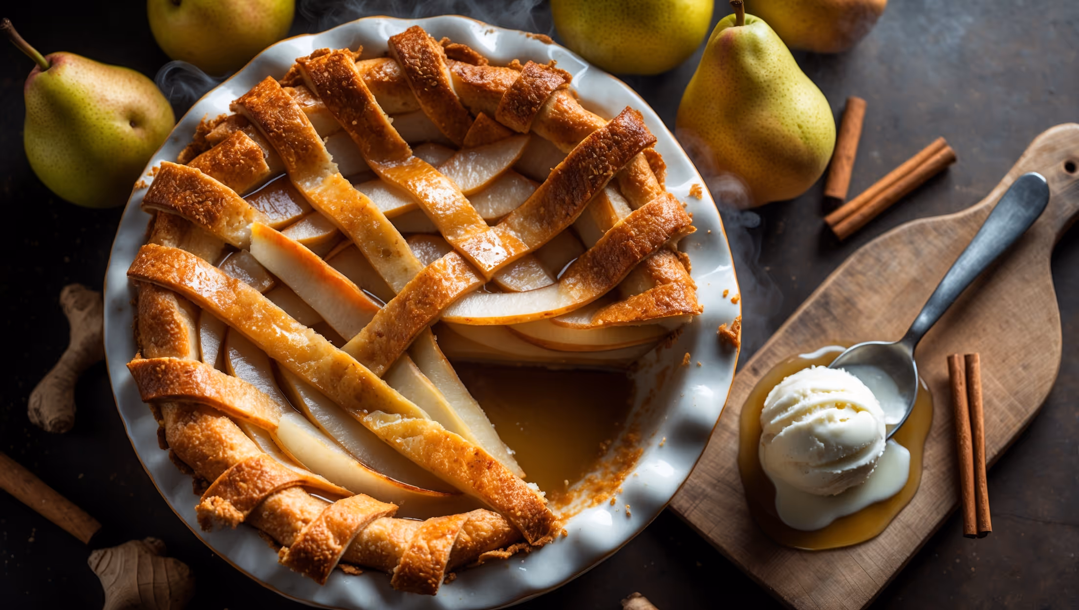 An overhead shot of a golden-brown Pear Ginger Pie with lattice top, steam rising gently from vents cut into the perfectly crimped crust. Soft natural light highlights the caramelized sugar sprinkled across the top, creating a sparkle effect. The pie rests on a vintage ceramic stand against a backdrop of fresh pears, knobs of ginger, and scattered cinnamon sticks. A slice has been removed, revealing layers of translucent, tender pear slices infused with ginger pieces throughout the amber-colored filling, with juices just beginning to pool on the rustic wooden serving board alongside a dollop of vanilla bean ice cream slowly melting.