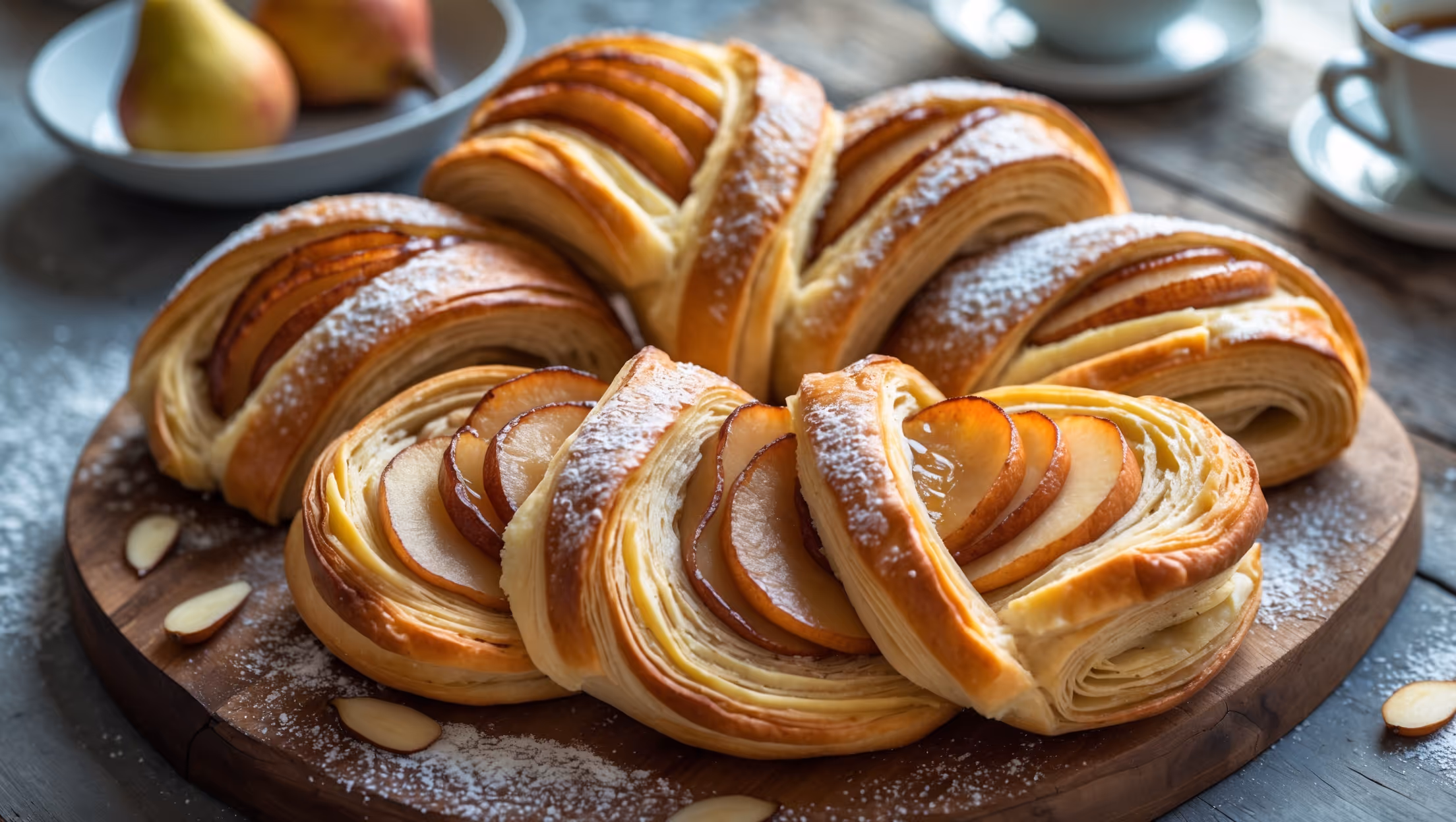 An overhead shot of golden-brown Pear Danishes arranged on a rustic wooden serving board, their flaky pastry layers clearly visible with caramelized pear slices nestled in the center. A cross-section view reveals the buttery, laminated dough structure with delicate layers. The glossy almond glaze catches the soft natural light streaming through a nearby window, highlighting the amber pear slices and sprinkled almond slivers. A light dusting of powdered sugar adds contrast against the warm tones of the pastry. In the background, a small bowl of fresh pears and a cup of coffee suggest a perfect breakfast pairing.