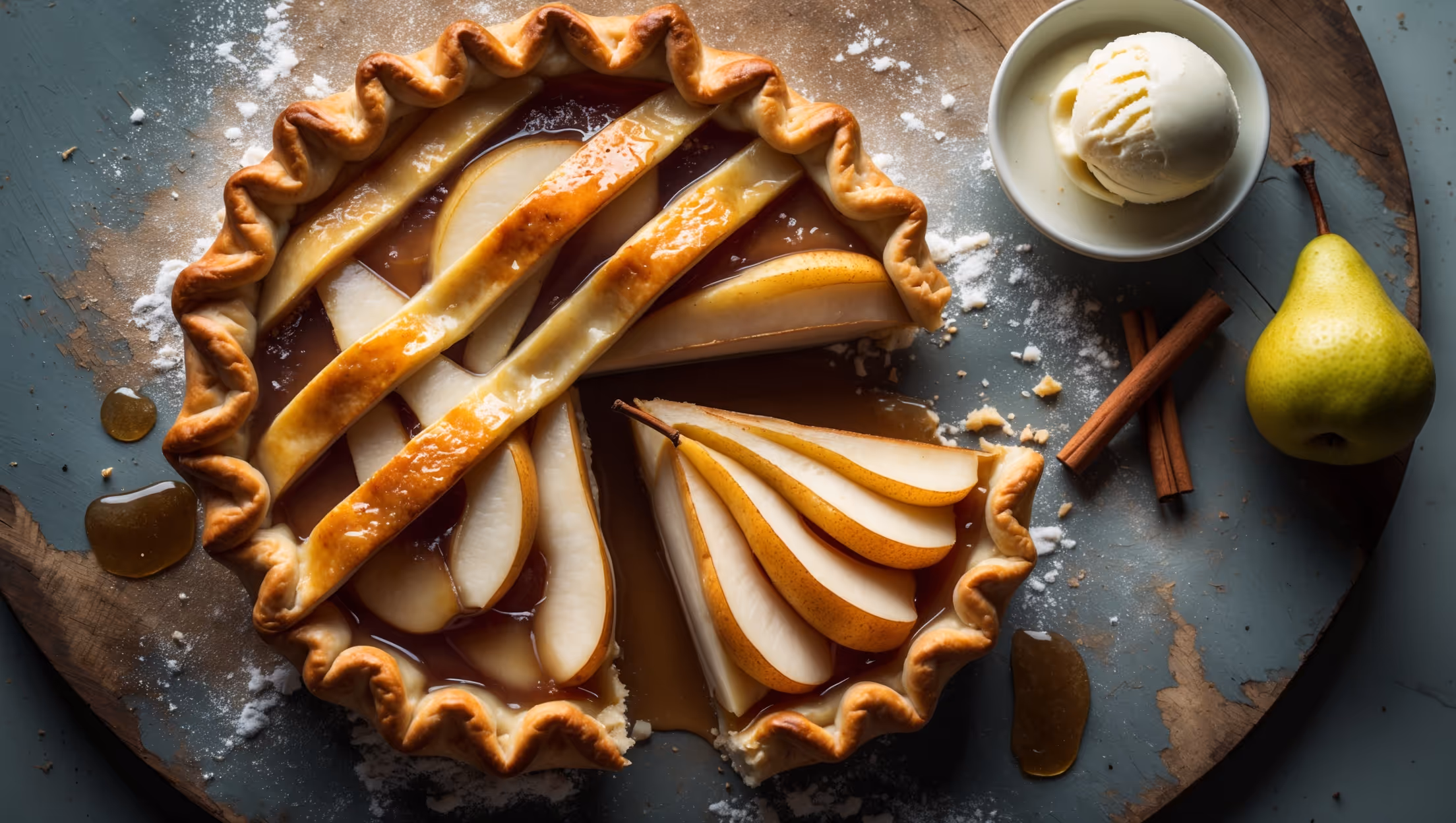 An overhead shot of a golden-brown pear pie with a lattice top crust, where juices bubble through the gaps creating caramelized spots. A slice has been removed, revealing perfectly cooked pear slices glistening with spiced syrup. The pie rests on a weathered wooden board dusted with flour, captured in soft natural light that highlights the flaky texture of the pastry. A small bowl of vanilla ice cream melts slowly beside it, while a few fresh pears and cinnamon sticks are artfully scattered nearby, hinting at the key ingredients.
