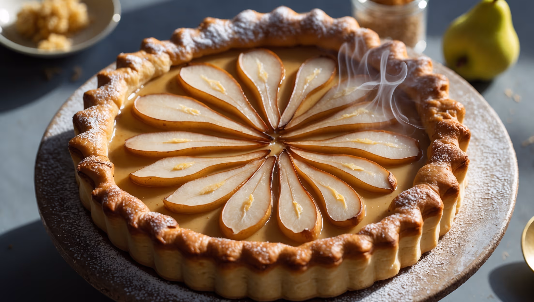 An overhead shot captures this elegant tart on a weathered wooden cake stand, with its golden-brown pastry edge framing slices of caramelized pears arranged in a perfect spiral pattern. A cross-section reveals the silky ginger custard below, with visible flecks of fresh ginger throughout. The natural midday light catches the light dusting of powdered sugar and the glistening glaze on the pears, while a small jar of crystallized ginger and a fresh pear sit artfully in the background. The rich amber tones of the baked custard contrast beautifully with the rustic ceramic plate beneath, with tendrils of steam suggesting it's just been sliced.