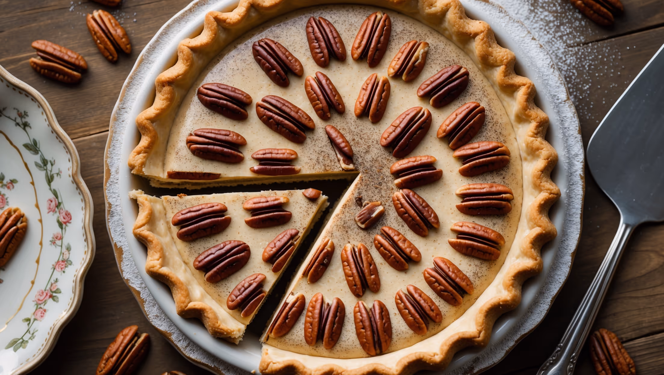 An overhead shot of a perfectly sliced pecan cream pie reveals its luscious layers – the golden-brown flaky crust, velvety cream filling speckled with toasted pecan pieces, and a decorative border of whole pecans. The cross-section captures the contrast between the crisp pastry and smooth custard interior, while soft natural light highlights the caramel tones of the nuts and creates gentle shadows that emphasize the pie's texture. The pie rests on a vintage ceramic plate with delicate floral patterns, placed on a rustic wooden table alongside a silver serving spatula and scattered pecan halves. A dusting of powdered sugar catches the light, giving the surface a subtle sparkle that enhances the pie's homemade charm.