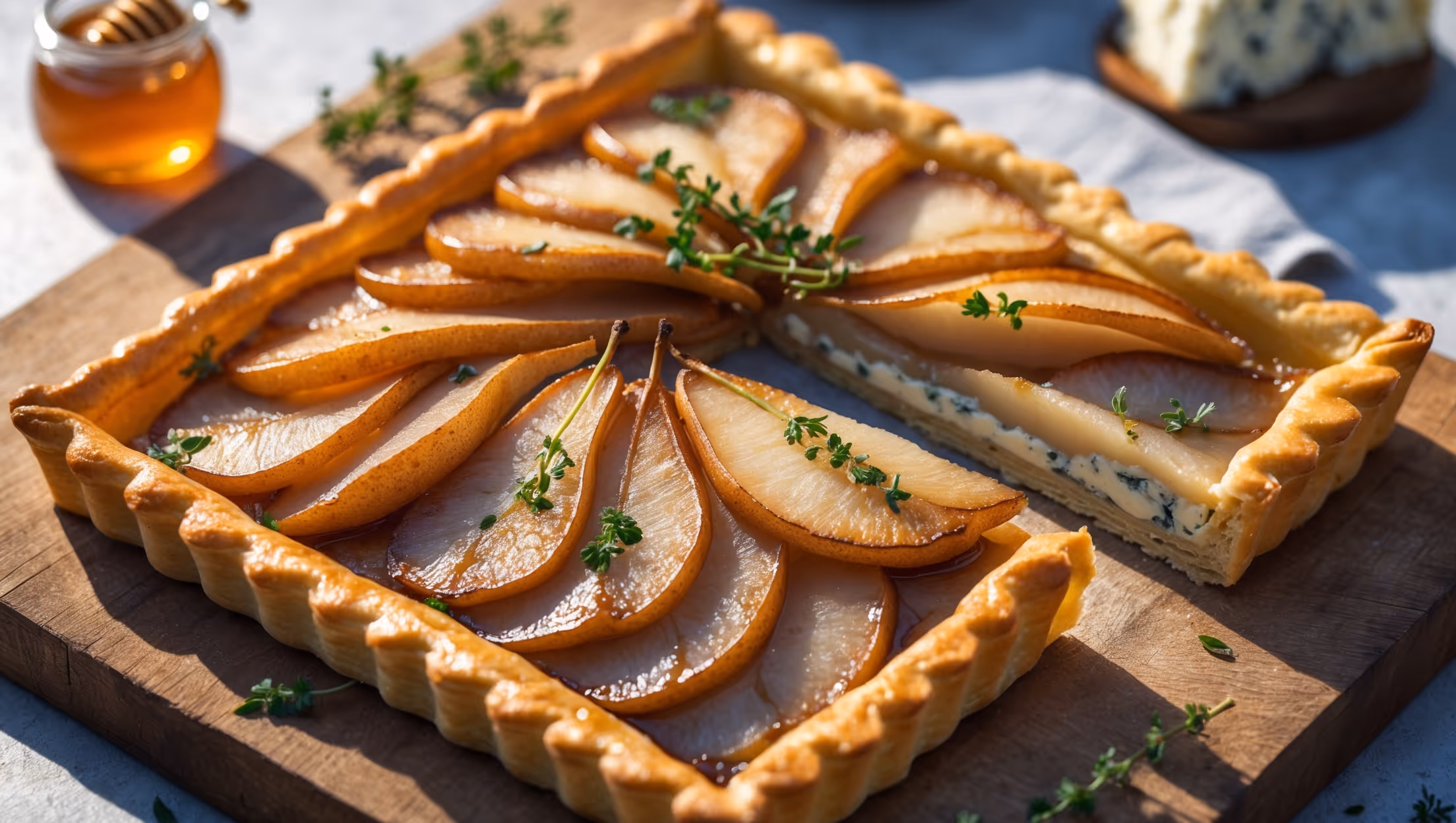 An overhead shot of a golden-brown rectangular tart showcasing caramelized pear slices arranged in an overlapping pattern, with pockets of melted blue cheese nestled between them. The pastry edges are perfectly crimped and bronzed, with a light dusting of fresh thyme leaves adding vibrant green specks. A slice is being lifted away, revealing the flaky layers of the pastry base and the luscious pear filling. The tart sits on a rustic wooden board with a small jar of honey and a wedge of blue cheese in soft focus in the background, all bathed in warm, natural afternoon light that highlights the glistening, caramelized surface of the pears.