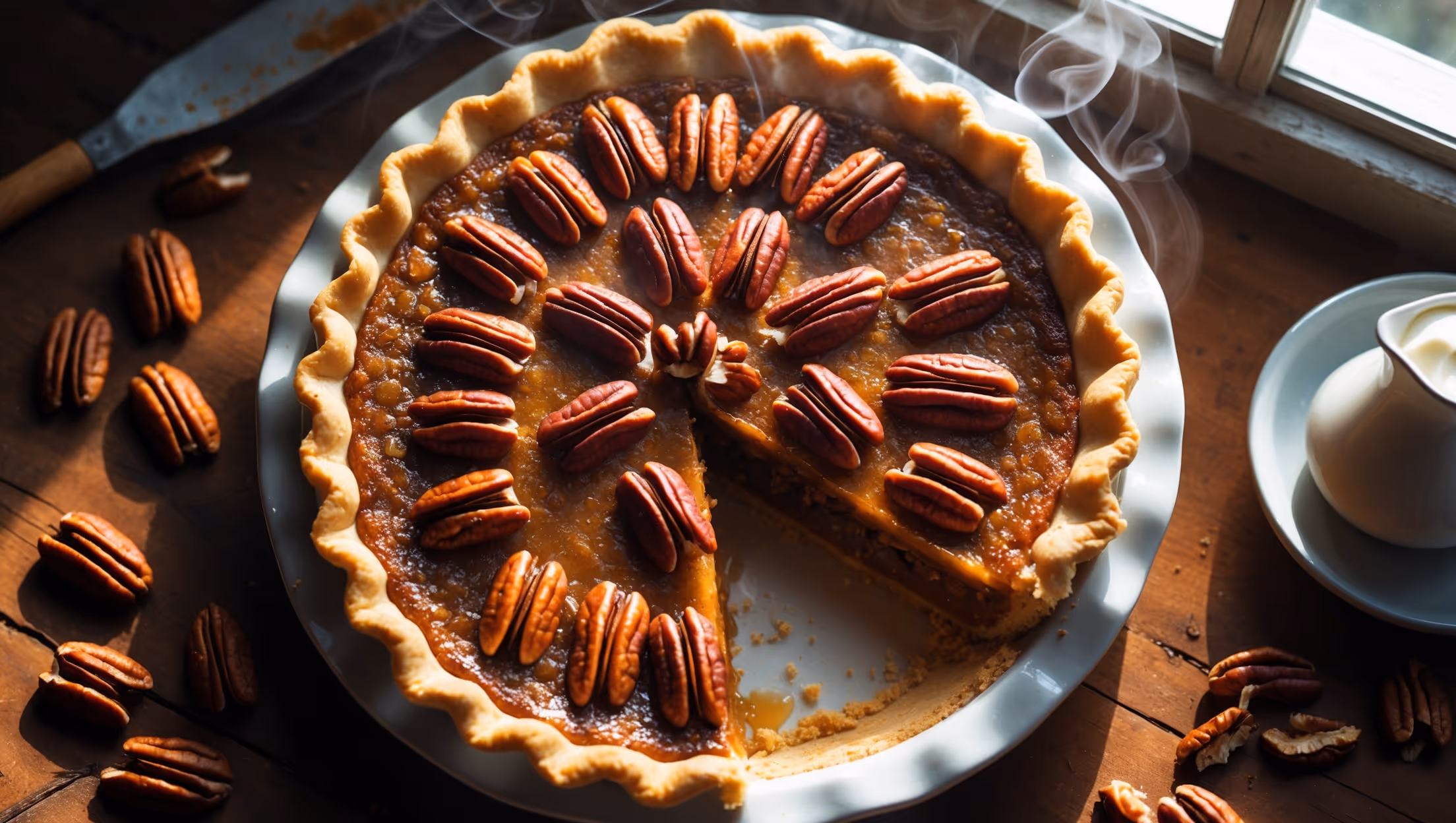 An overhead shot of a perfectly golden pecan pie with a beautifully crimped edge, captured in warm natural light streaming through a kitchen window. The filling glistens with a deep amber hue, while whole pecan halves form an artful pattern across the top, each nut toasted to perfection. A slice has been removed, revealing the luscious, sticky interior that still holds its shape but promises gooey decadence. The pie sits on a vintage ceramic plate atop a rustic wooden table, with a scattering of raw pecans and a small pitcher of cream positioned nearby, suggesting serving possibilities. Steam rises subtly from the freshly baked dessert, hinting at the warm, buttery, caramel notes that await.