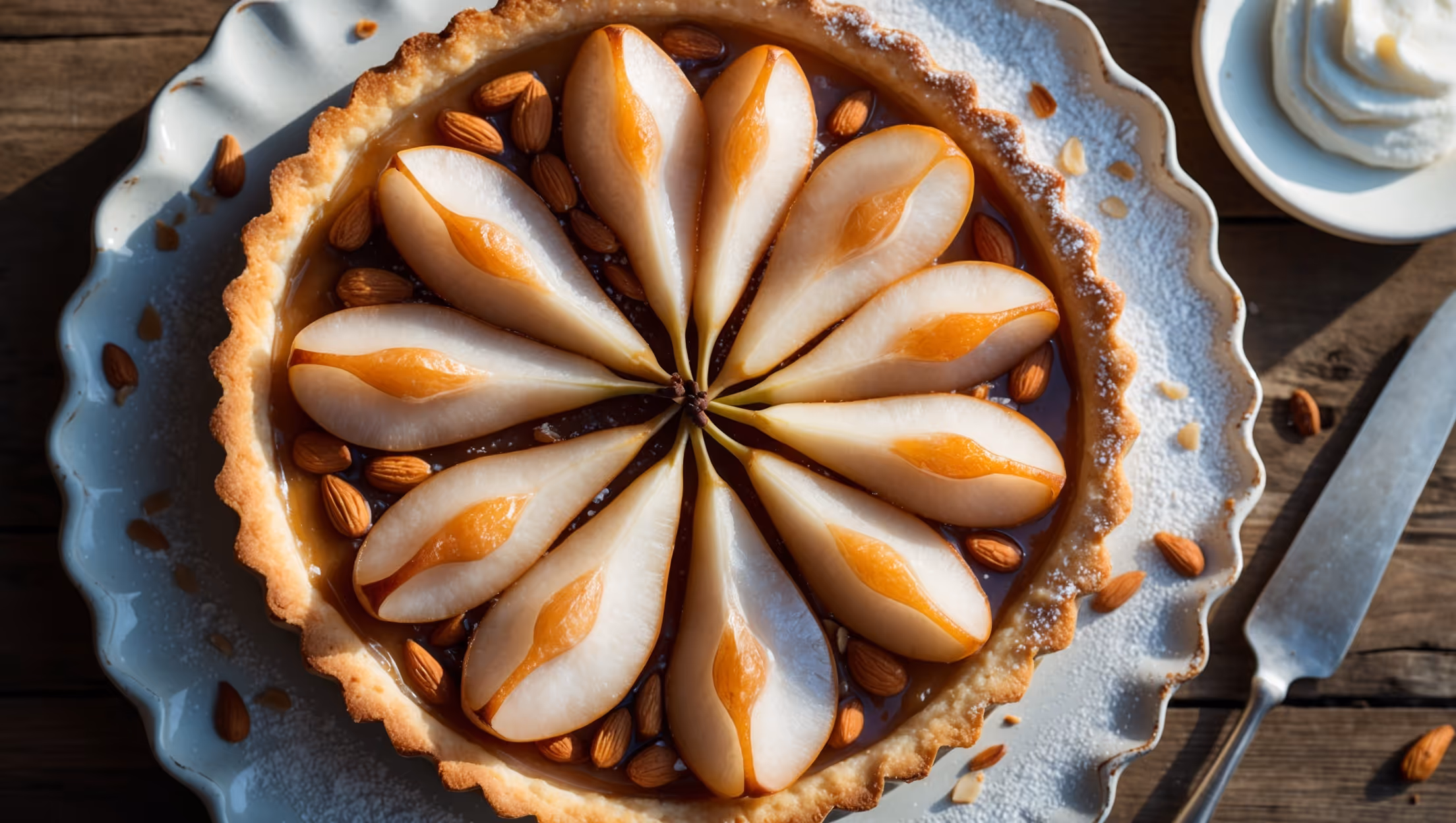 An overhead shot of a golden-brown Pear and Almond Tart on a vintage white ceramic cake stand, with perfect fan-arranged pear slices partially sunken into the caramelized almond filling. The cross-section reveals distinct layers of crisp pastry, moist frangipane, and tender pears. Soft natural light creates gentle shadows highlighting the tart's fluted edges and the glistening pear slices brushed with apricot glaze. A light dusting of powdered sugar creates contrast against the amber-hued pears, while scattered toasted almond slivers add texture. The tart sits on a rustic wooden table with a small bowl of crème fraîche and a vintage silver serving knife nearby.
