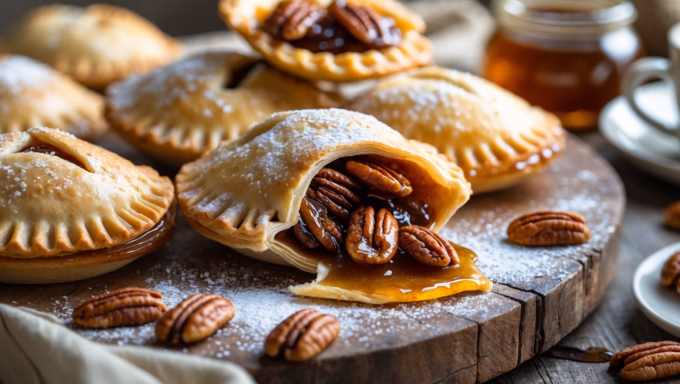 Close-up shot of golden-brown hand pies arranged on a weathered wooden serving board, with one pie broken open to reveal the glossy, amber pecan filling spilling out. Soft natural light highlights the flaky, buttery pastry layers and caramelized pecan chunks. A light dusting of powdered sugar creates contrast against the deep golden crust, while scattered pecan halves and a small jar of honey frame the composition. The scene is styled with vintage linen napkins and a steaming cup of coffee in the background, suggesting a cozy afternoon treat.