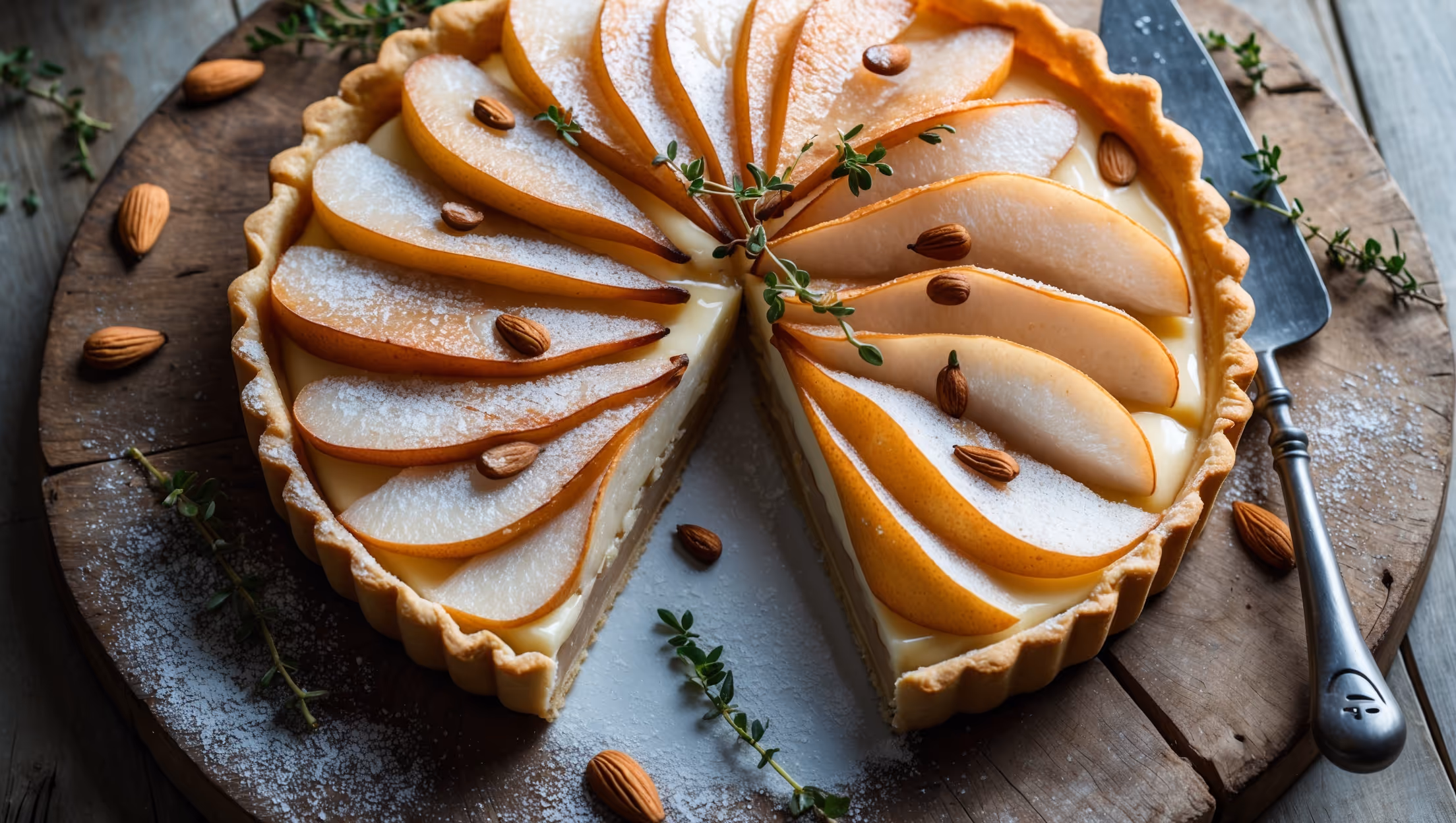 An overhead shot of a golden-brown Pear and Almond Tart on a weathered wooden serving board, its surface adorned with thinly sliced pears arranged in a delicate fan pattern. The soft natural light catches the glistening sugar-glazed pears and toasted almond slivers that crown the dessert. A cross-section view reveals layers of crisp pastry, luscious frangipane filling that has puffed around the fruit, and the translucent pear slices that have softened during baking. Scattered fresh thyme sprigs and a dusting of powdered sugar add elegant finishing touches, while a vintage cake server rests alongside, ready to portion this elegant dessert.