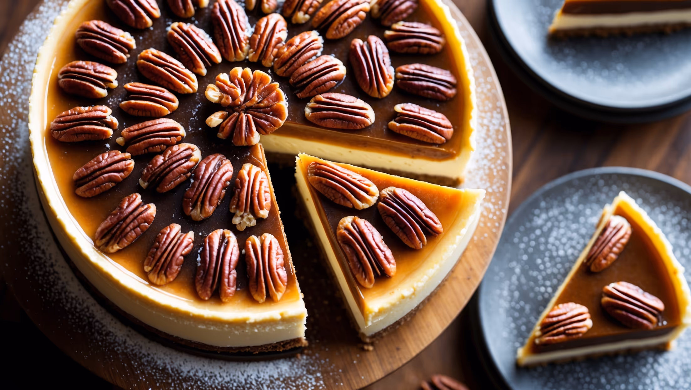 An overhead shot of a decadent Pecan Pie Cheesecake on a rustic wooden cake stand, showing its glossy caramelized pecan topping arranged in concentric circles. A slice has been removed, revealing distinct layers: a buttery graham cracker crust, creamy vanilla cheesecake center, and the amber-hued pecan pie topping flowing slightly down the sides. Warm natural light highlights the toasted pecans and golden caramel, while a dusting of powdered sugar adds contrast against the dark, rich tones. Two dessert plates with partial slices sit nearby, showcasing the perfect clean-cut texture where both layers remain distinct yet harmonious.