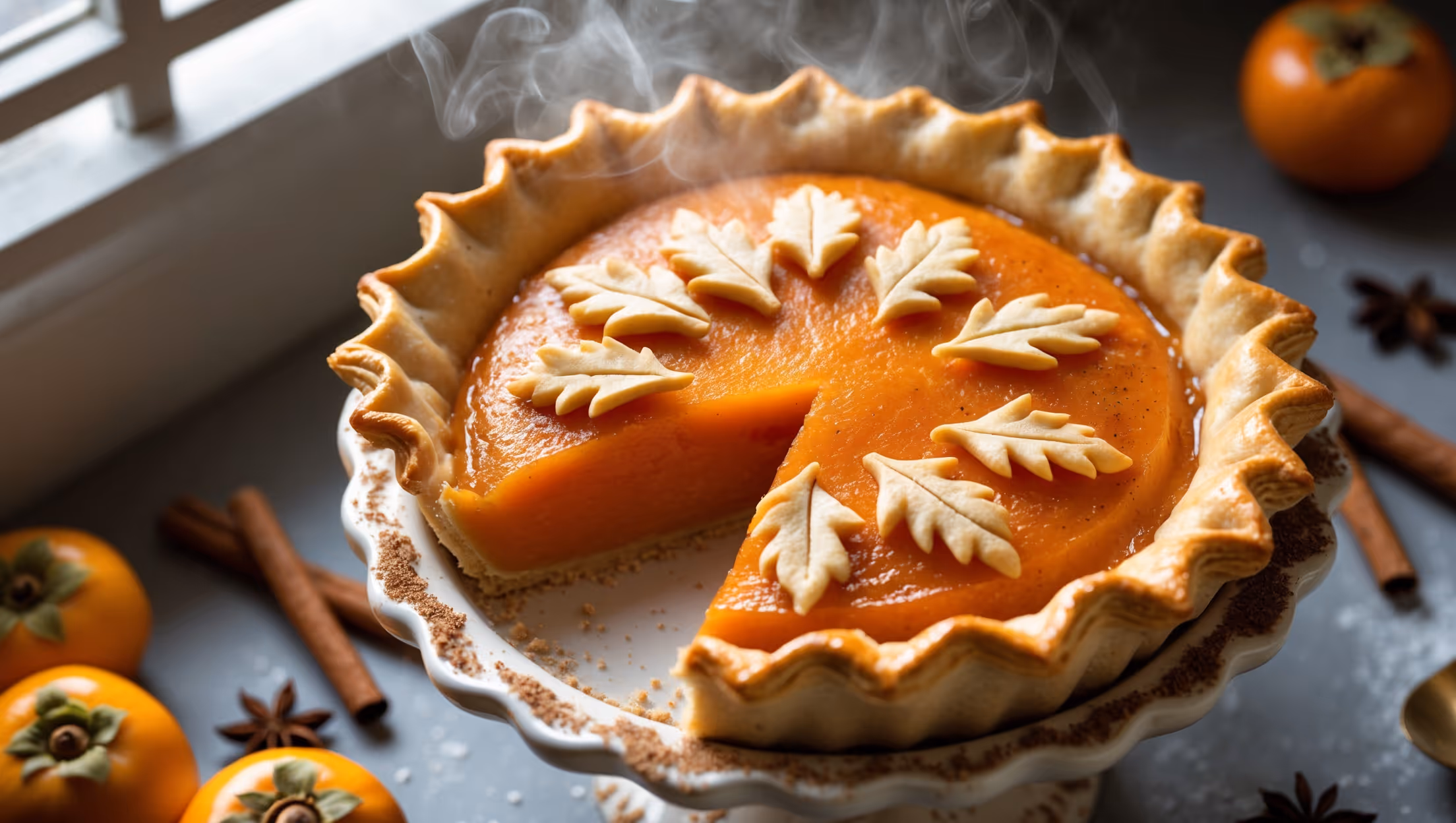 An overhead shot of a golden-brown persimmon pie with a perfectly crimped edge and decorative pastry leaf cutouts arranged in a spiral pattern on top. Steam rises gently from a freshly cut slice revealing the sunset-orange persimmon filling that holds its shape while remaining gloriously silky. The pie sits on a vintage ceramic stand against a backdrop of scattered cinnamon sticks, star anise, and a few fresh Fuyu persimmons. Soft natural light streams in from a nearby window, highlighting the glossy finish created by the egg wash and sprinkled demerara sugar that adds a subtle sparkle to the crust.
