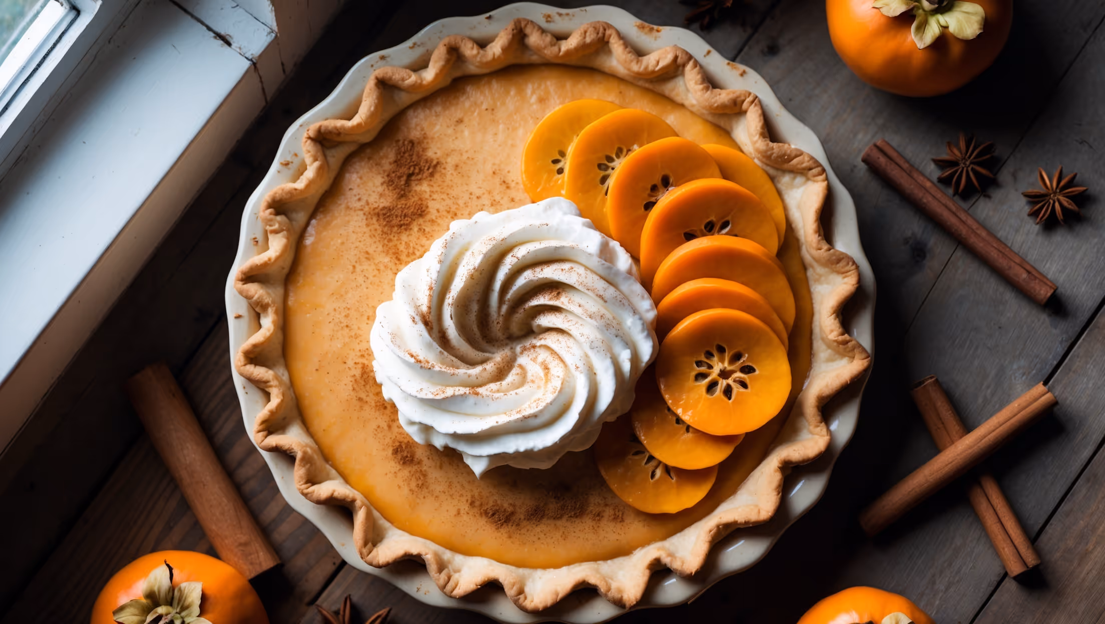 An overhead shot of a perfectly sliced persimmon cream pie on a vintage ceramic pie plate, bathed in soft natural light streaming through a kitchen window. The golden-orange custard filling glistens beneath a billowy layer of freshly whipped cream, garnished with thin, translucent slices of fresh persimmon arranged in a delicate spiral. The flaky, amber-brown crust shows beautiful crimping around the edges, with a dusting of warming spices visible on the cream. A rustic wooden table holds scattered cinnamon sticks, star anise, and a few whole persimmons with their distinctive leafy calyxes intact, creating a warm autumn color palette that complements the pie's rich orange hues.