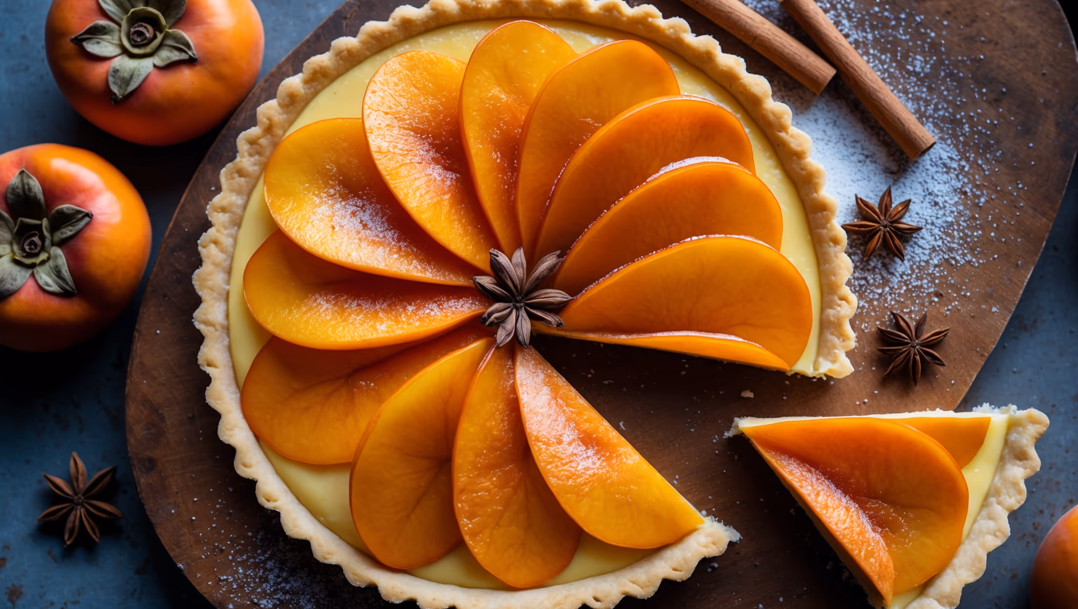An overhead shot of the persimmon custard tart showcases a golden shortcrust base filled with sunshine-yellow vanilla custard, topped with overlapping translucent slices of persimmon arranged in a mesmerizing spiral pattern. Soft natural light highlights the glistening fruit, which ranges from pale orange to deep amber, creating a stunning ombré effect. The tart rests on a weathered wooden board with fresh persimmons, cinnamon sticks, and scattered star anise in the background, while a light dusting of powdered sugar creates subtle contrast against the fruit's edges. A single slice has been removed, revealing the perfect clean cut where creamy custard meets flaky pastry.