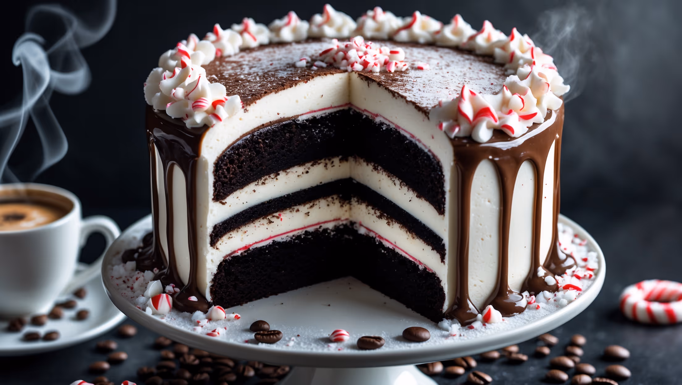 An overhead shot captures this three-layer showstopper, with dark chocolate cake peeking through translucent layers of white peppermint buttercream. A cross-section reveals the striking contrast between the moist chocolate-coffee sponge and bright white filling. Soft natural light highlights the glossy mocha ganache cascading down the sides, with crushed candy canes creating a sparkling crown along the top edge. The cake sits on a white ceramic cake stand against a dark backdrop, with scattered peppermint pieces, coffee beans, and a light dusting of cocoa powder creating festive visual interest. Steam rises gently from a cappuccino cup positioned artfully beside the cake, emphasizing its cozy winter appeal.