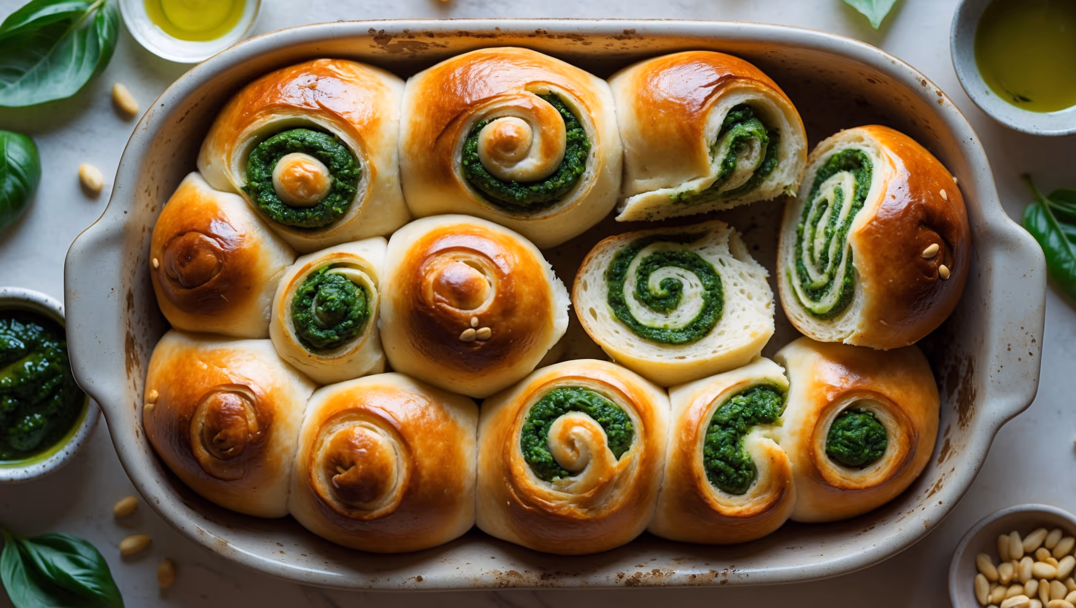 Overhead shot of golden-brown Pesto Swirl Rolls arranged in a rustic ceramic baking dish, their distinctive green pesto spirals contrasting beautifully against the pale bread. A cross-section view shows the soft, pillowy texture of the dough with swirls of vibrant basil pesto running throughout. Shot in gentle natural light streaming through a kitchen window, with scattered fresh basil leaves and pine nuts surrounding the rolls. A small bowl of extra pesto and a drizzle of olive oil complete the composition, while steam rises gently from a freshly broken roll, revealing its tender, aromatic interior.