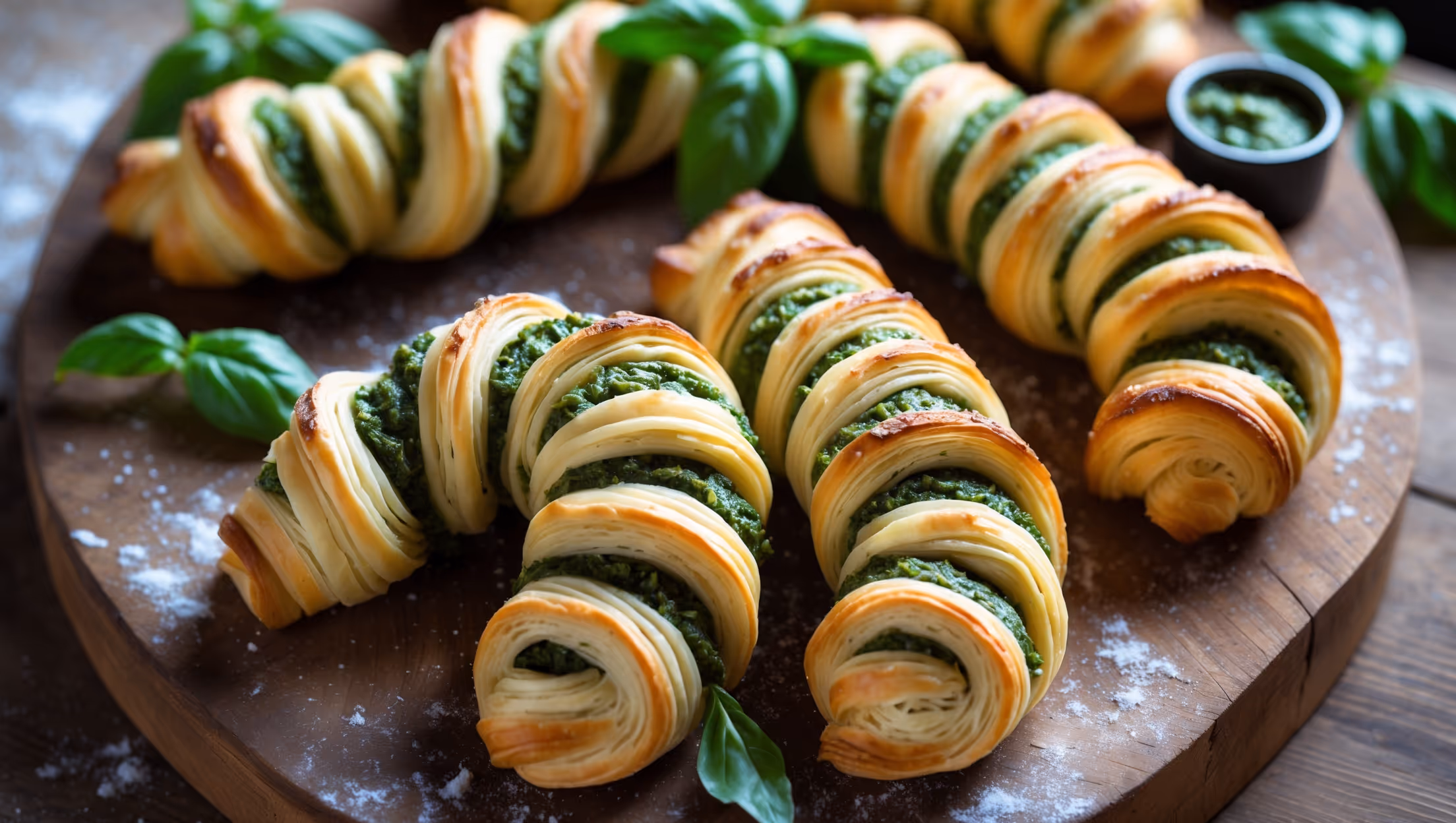 An overhead shot of golden-brown pesto twists arranged on a rustic wooden serving board, their distinctive spiral pattern showcasing vibrant green pesto streaks against the flaky pastry layers. In soft natural light, the twists exhibit a perfect contrast between crispy, butter-laminated exteriors and tender centers, with flecks of grated Parmesan creating appetizing browned spots. Some twists are positioned upright to display their intricate swirls, while others lie flat, revealing their layers. Fresh basil leaves and a small ramekin of extra pesto sit alongside, with a subtle dusting of flour on the board suggesting homemade craftsmanship.