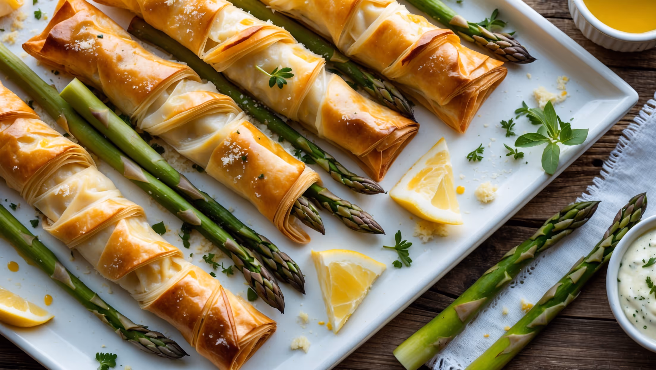 An overhead shot of golden-brown phyllo-wrapped asparagus arranged diagonally on a white rectangular platter. The pastries glisten under soft natural light, revealing their flaky layers and vibrant green asparagus tips peeking out from one end. Scattered fresh herbs and lemon wedges add brightness to the composition, while a small ramekin of tangy mustard-yogurt dip sits at the corner. A light dusting of Parmesan creates small melted pools on the pastry surface, with a few loose asparagus spears and phyllo crumbs artfully placed to create a sense of casual elegance against the rustic wooden table backdrop.