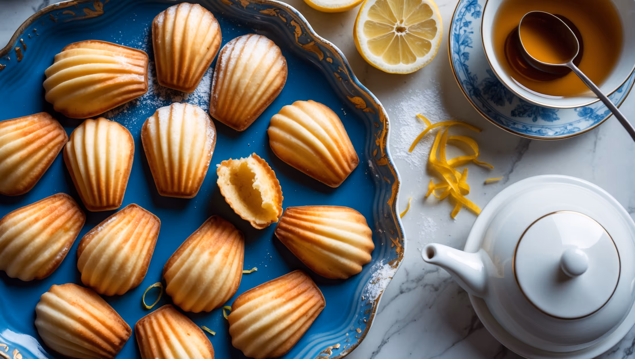 Overhead shot of golden-brown madeleines arranged in a spiral pattern on a vintage blue ceramic plate, their distinctive shell ridges clearly visible under soft window light. A close-up captures the characteristic hump and light, spongy texture of a broken madeleine, revealing its yellow interior. Several madeleines rest on a marble surface dusted with powdered sugar, alongside fresh lemon zest and a small bowl of warming honey. A white porcelain teacup with steaming Earl Grey tea sits nearby, suggesting the perfect pairing for these classic French treats.