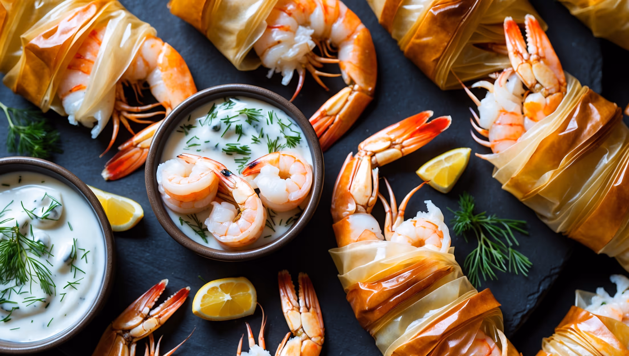 An overhead shot of golden-brown phyllo-wrapped prawns arranged on a slate serving platter, with tails peeking out dramatically from their crisp pastry shells. Shot in soft natural light highlighting the flaky, multi-layered texture of the pastry with visible buttery sheen. A small ramekin of vibrant herb-flecked yogurt dip sits alongside, with scattered fresh dill and lemon wedges adding bright color accents. A few prawns are cut open, revealing the juicy, pink seafood inside, with steam still visibly rising, suggesting they're fresh from the oven.