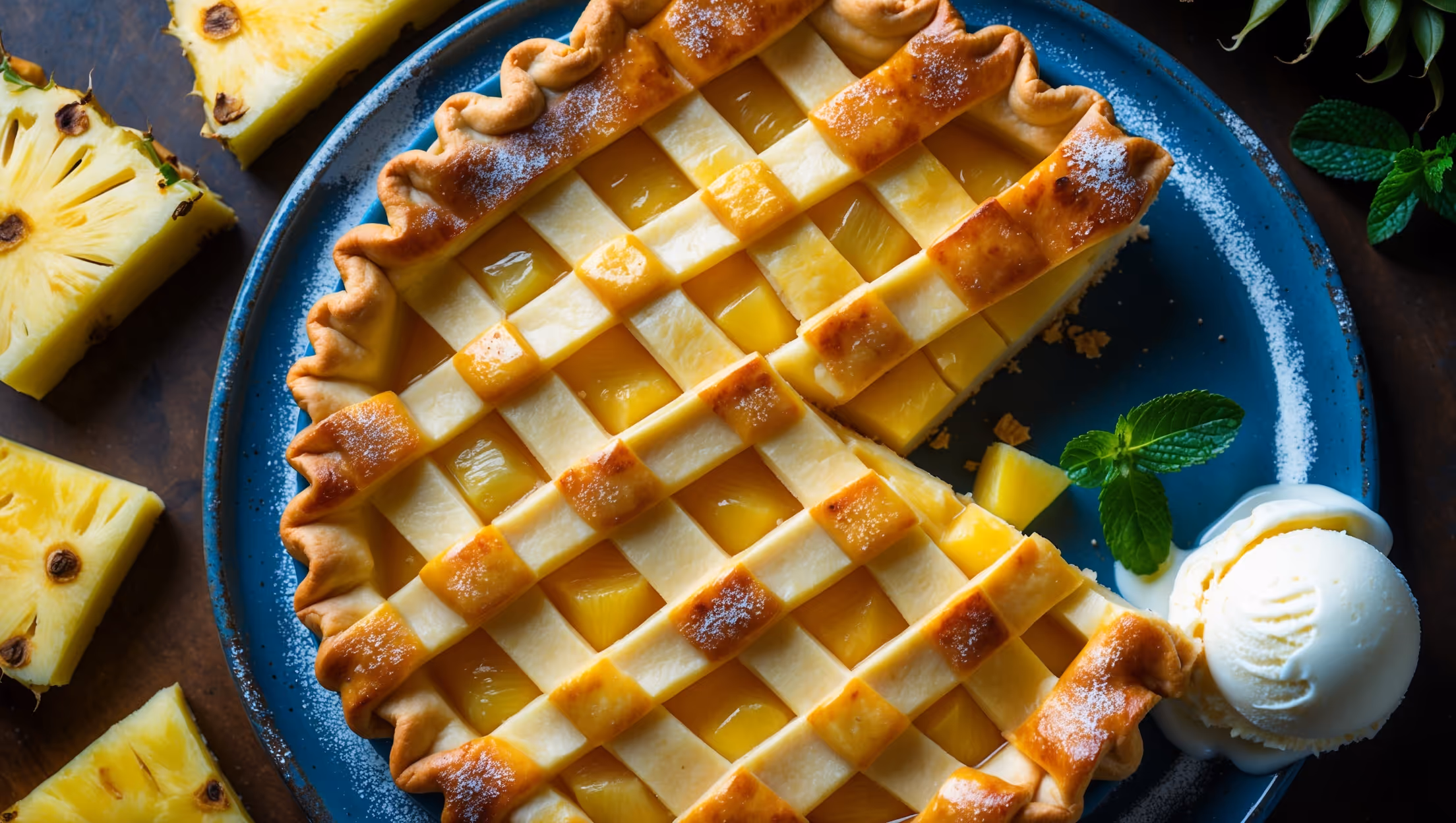 An overhead shot captures a golden-brown lattice-topped pineapple cream pie, with creamy yellow filling peeking through the perfectly baked crust. A cross-section reveals distinct layers of flaky pastry and luscious pineapple-studded custard. Soft natural light highlights the caramelized edges of the crust and the glistening pineapple pieces. The pie rests on a vintage blue ceramic plate, surrounded by fresh pineapple chunks and a sprig of mint, with a dusting of powdered sugar creating beautiful contrast against the warm golden tones. A scoop of vanilla ice cream slowly melts beside a slice, emphasizing the homemade comfort of this tropical dessert.
