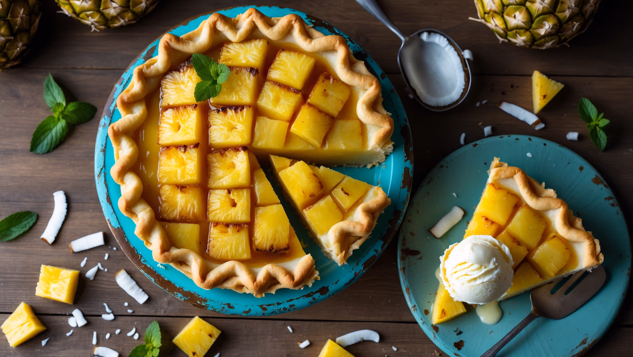 An overhead shot of a golden-brown Pineapple Coconut Pie with a lattice top crust, where caramelized pineapple pieces peek through the gaps. The pie sits on a distressed turquoise cake stand against a backdrop of diffused natural light. A cross-section slice reveals layers of vibrant yellow pineapple chunks suspended in a creamy coconut custard. Scattered fresh pineapple chunks, coconut flakes, and a few mint leaves adorn the wooden surface around the pie, while a scoop of vanilla ice cream slowly melts against a freshly cut slice, creating a luscious contrast of temperatures and textures.