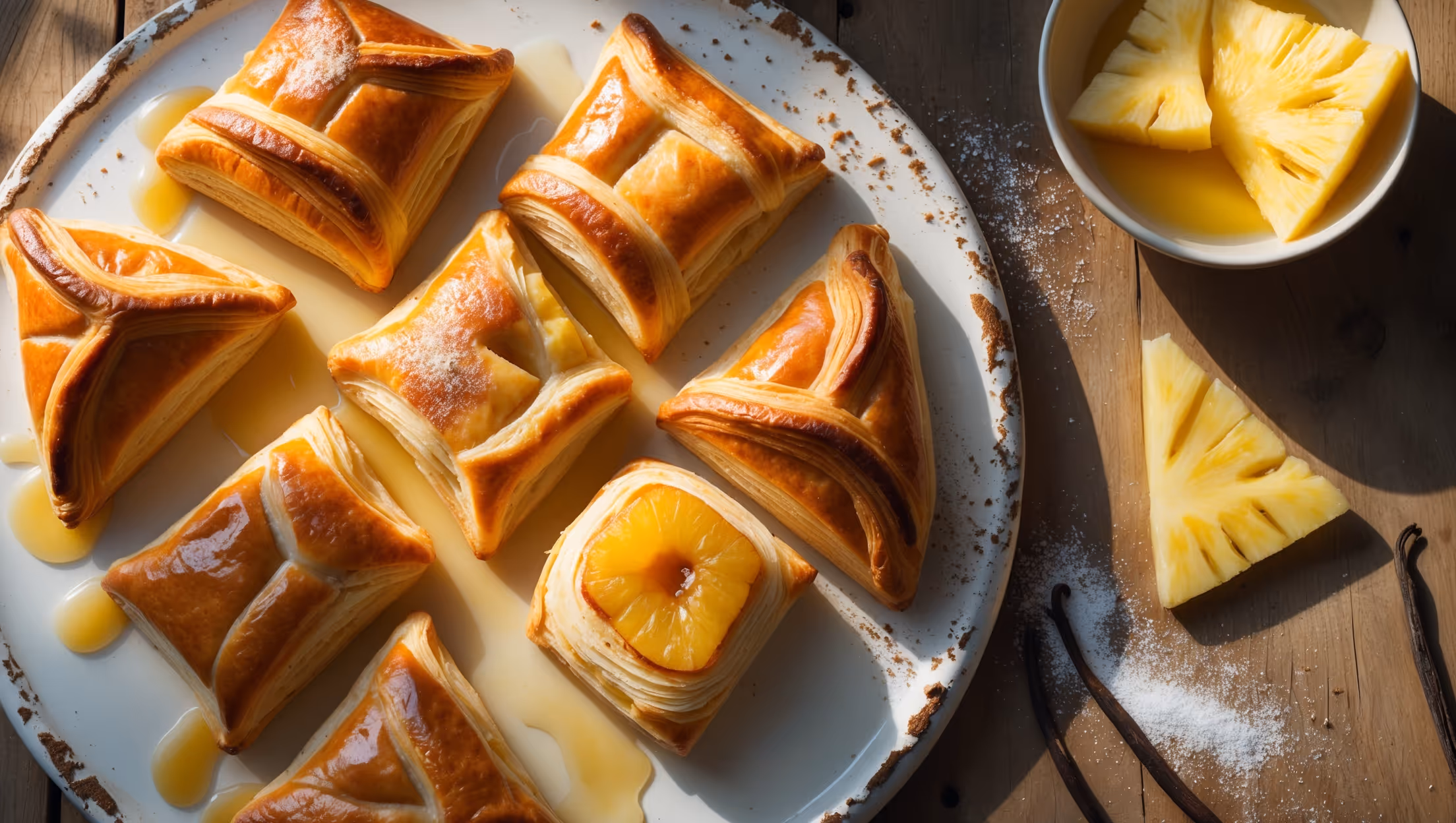 An overhead shot captures a batch of golden-brown Pineapple Danish pastries arranged on a distressed white ceramic platter, with one pastry slightly separated to showcase its diamond shape. The morning sunlight streams through a nearby window, highlighting the glistening vanilla glaze that drips appealingly down the flaky layers. A cross-section view reveals the caramelized pineapple filling nestled within the buttery pastry, with visible laminated dough layers creating a striking pattern. Fresh pineapple slices and a small bowl of glaze sit nearby, while scattered vanilla bean specks and a sprinkling of powdered sugar add delicate finishing touches against the rustic wooden table surface.