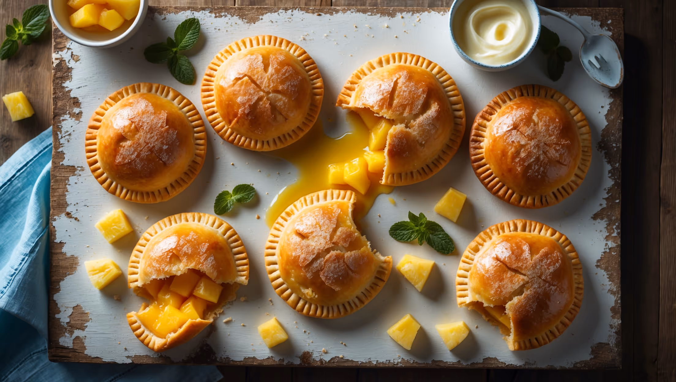 An overhead shot of six golden-brown pineapple hand pies arranged on a distressed wooden serving board, with one pie broken open to reveal the vibrant yellow pineapple filling oozing slightly. Shot in soft natural light that highlights the sugar-sparkled, flaky pastry edges and caramelized juices. Small sprigs of mint and a scattering of fresh pineapple chunks provide color contrast against the rustic board, while a vintage blue linen napkin and small pot of vanilla cream add styling elements. The visible steam rising from the freshly-baked pies suggests warmth, with the crystallized sugar topping catching the light beautifully.