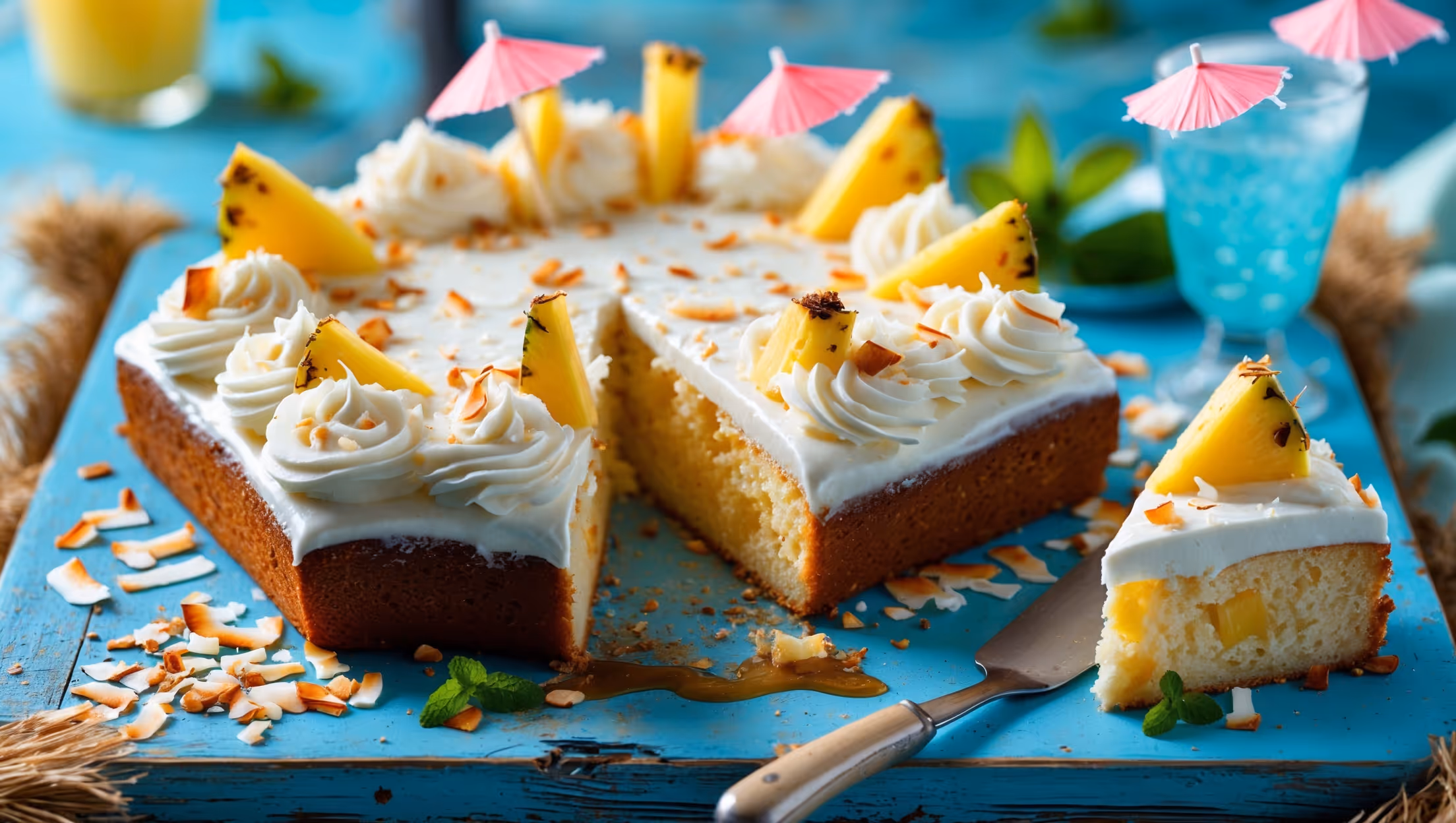 Overhead shot of a golden-brown rectangular sheet cake with creamy white coconut frosting swirled into delicate peaks, garnished with fresh pineapple wedges and toasted coconut flakes. A cross-section reveals the moist, tender crumb studded with pineapple pieces and soaked with rum syrup. Captured in bright, natural daylight on a weathered blue wooden serving board, with a vintage cake server resting beside a perfectly cut slice. Tiny cocktail umbrellas and fresh mint leaves add pops of color, while a glass of piña colada sits blurred in the background, emphasizing the tropical inspiration behind this summery dessert.