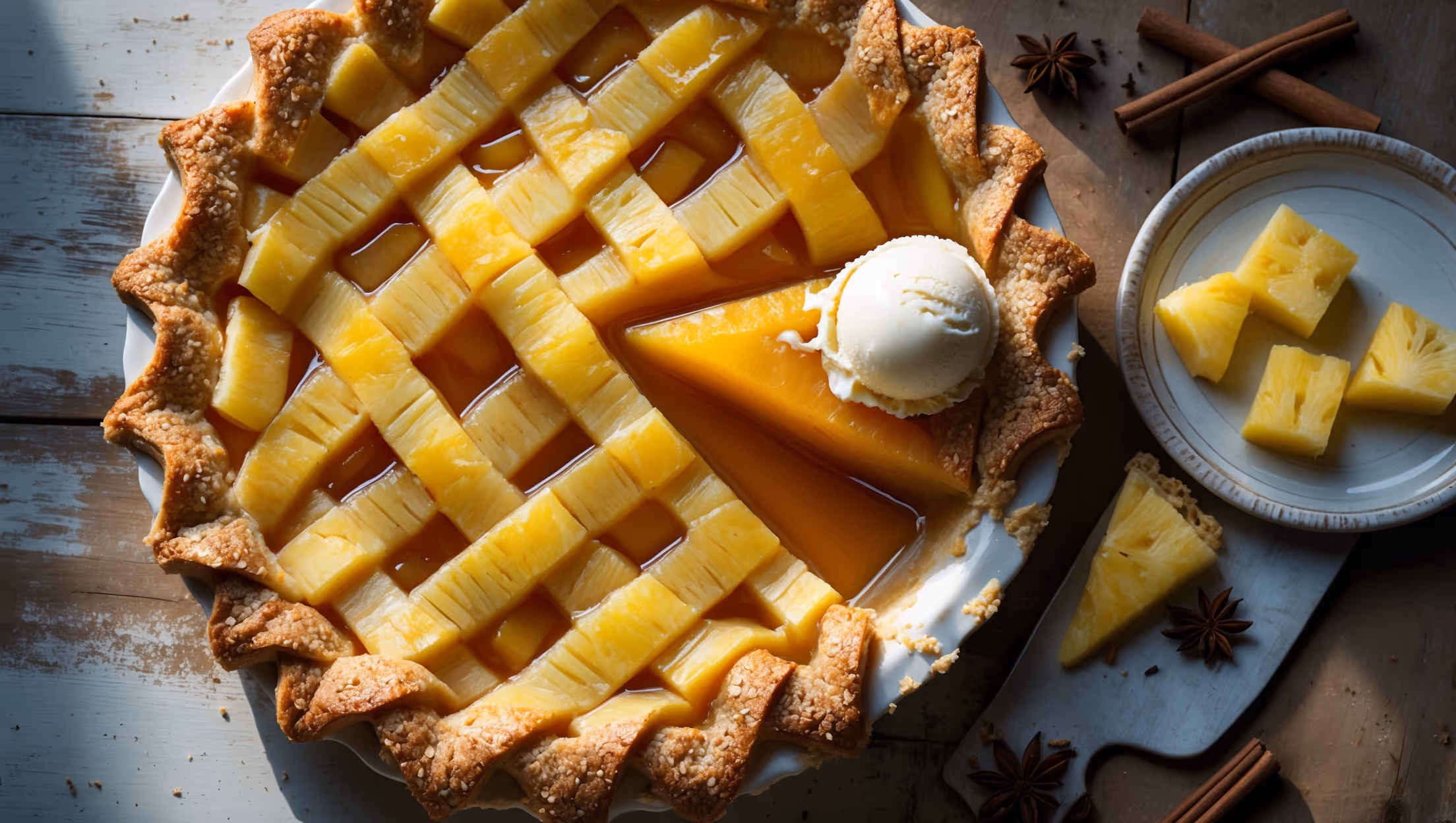 An overhead shot of a golden-brown pineapple pie with lattice crust, its edges perfectly crimped and glistening with turbinado sugar crystals. Natural light streams across the scene, highlighting the caramelized edges and the amber pineapple filling peeking through the lattice work. A cross-section view reveals generous chunks of pineapple suspended in a glossy, translucent filling. The pie rests on a vintage ceramic pie plate atop a weathered wooden table, with a scattering of cinnamon sticks, star anise, and fresh pineapple chunks artfully arranged nearby. A scoop of vanilla ice cream slowly melts against a slice, creating a luxurious contrast between hot pie and cold cream.