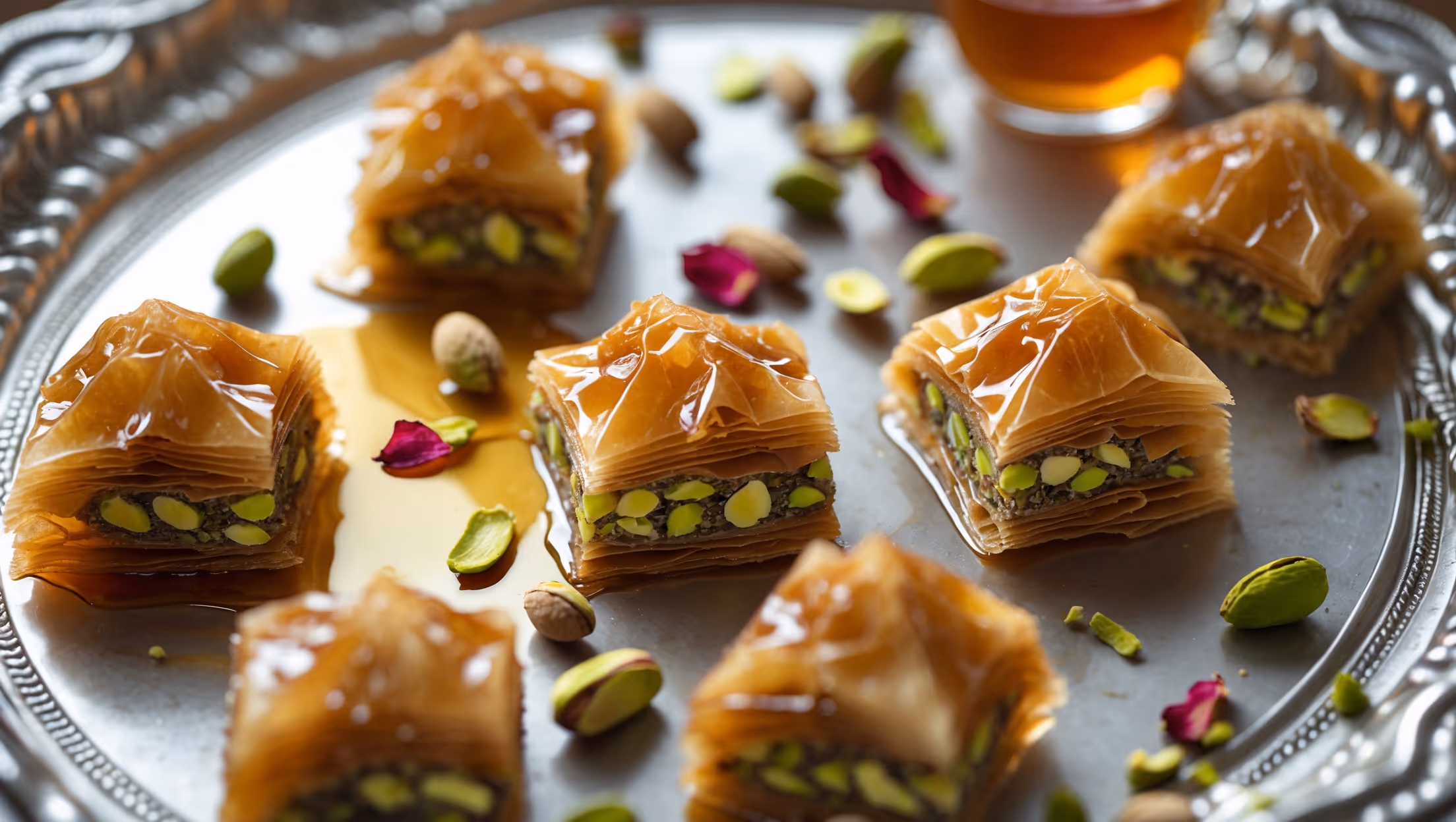 Overhead shot of diamond-shaped pistachio baklava pieces arranged on an ornate silver platter, with soft natural light highlighting the glistening honey syrup on top. A close-up reveals multiple layers of golden, flaky phyllo dough interspersed with vibrant green pistachio filling. Several pieces are slightly separated, showing the syrup-soaked interior against the crisp exterior. Scattered whole pistachios and dried rose petals decorate the platter, while a small glass of mint tea sits nearby. The warm amber tones of the pastry contrast beautifully with the cool green pistachios, all captured with a shallow depth of field that emphasizes the baklava's textural details.