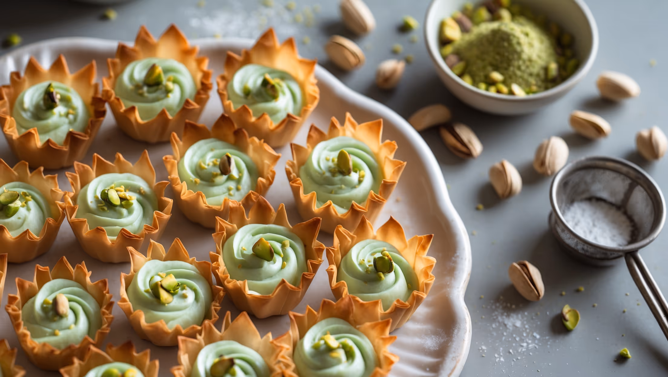 Overhead shot of golden-brown phyllo cups arranged on a white ceramic platter, each filled with a vibrant pale green pistachio cream that's garnished with crushed pistachios and a tiny edible gold leaf. The camera captures the flaky, multi-layered texture of the phyllo shells with soft natural light highlighting their delicate edges. In the background, scattered whole pistachios, a small bowl of ground nuts, and a vintage sifter with a dusting of powdered sugar create depth. A cross-section view reveals the contrast between the crisp phyllo layers and the smooth, creamy pistachio filling that holds its shape while appearing luxuriously smooth.