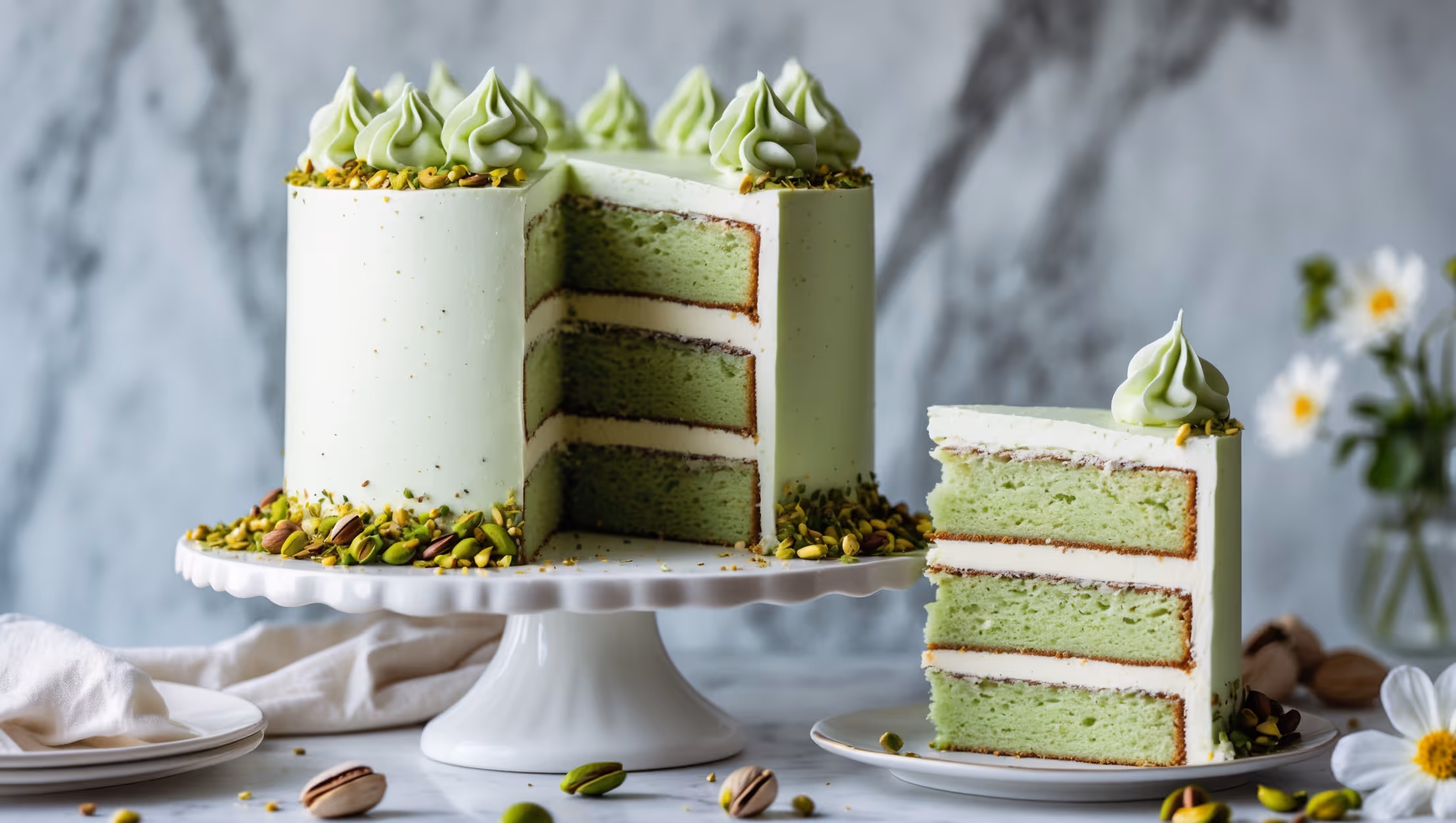 A towering three-layer pistachio cake captured in soft natural light, displaying its pale green interior against cloud-white Swiss meringue buttercream when sliced. The cake sits on a white ceramic cake stand against a marble backdrop, with the exterior decorated with perfectly smooth frosting and a cascade of crushed pistachios around the bottom edge and scattered artfully on top. A delicate pistachio-studded slice rests beside the cake, revealing the cake's tender crumb and even layers, while whole pistachios and fresh flowers complement the scene, emphasizing the cake's natural pistachio flavor and subtle green hue.