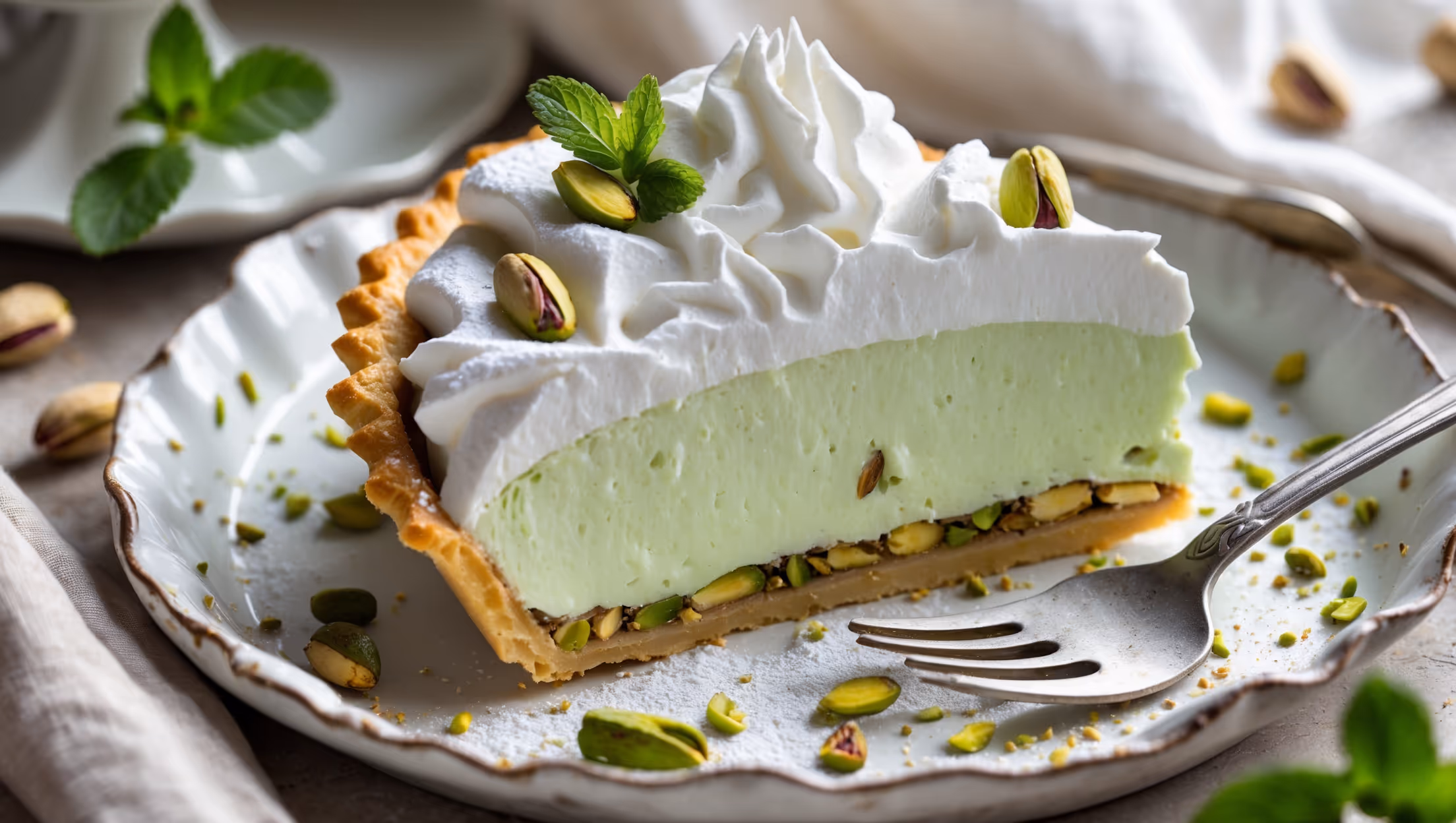 A close-up cross-section reveals the perfect layers of this pistachio cream pie: the golden-brown flaky pastry base, the vibrant pale green pistachio filling, and the billowing white whipped cream topping. Captured in soft natural light that highlights the delicate texture of the custard, the pie sits on a vintage white ceramic plate with scattered crushed pistachios and a light dusting of powdered sugar creating visual interest. Small whole pistachios accent the top, while a silver dessert fork rests alongside, poised to take a bite. The styling includes a natural linen napkin and hints of fresh mint leaves that complement the pistachio's verdant hue.